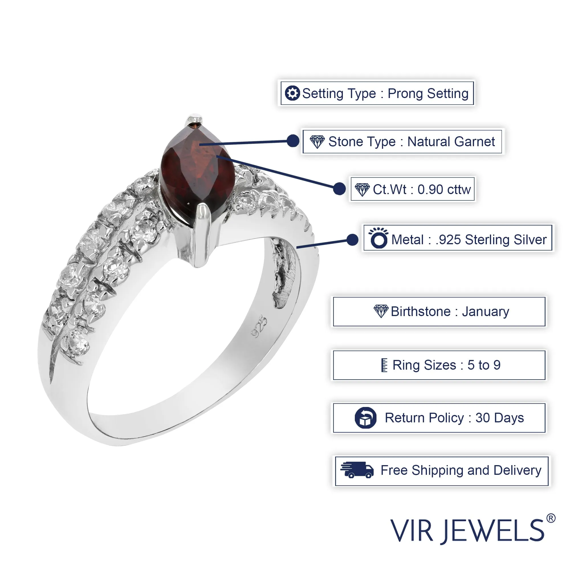 0.90 cttw Garnet Ring .925 Sterling Silver with Rhodium Marquise Shape 10x5 MM