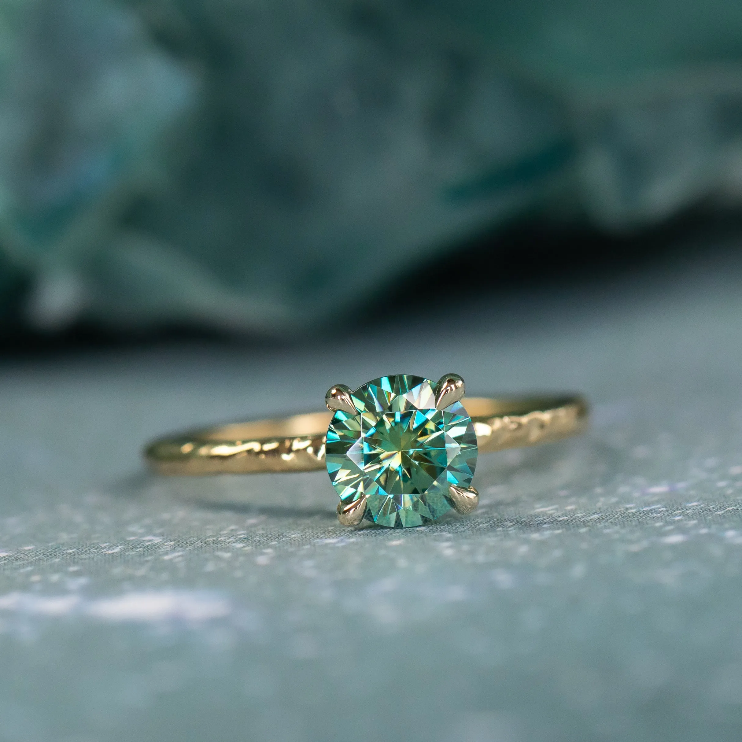 0.99ct Teal Moissanite Evergreen Solitaire Ring in 14k Yellow Gold