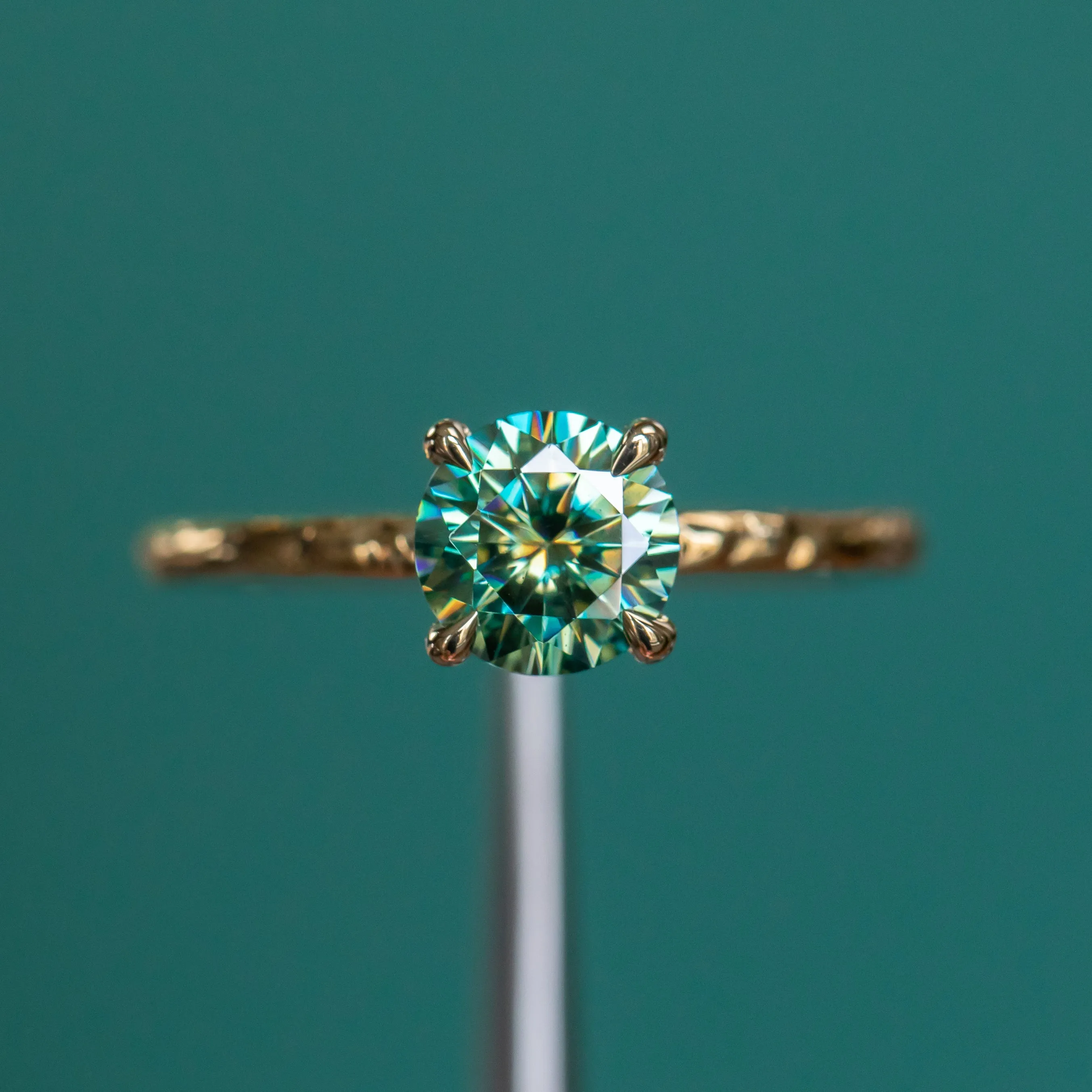 0.99ct Teal Moissanite Evergreen Solitaire Ring in 14k Yellow Gold