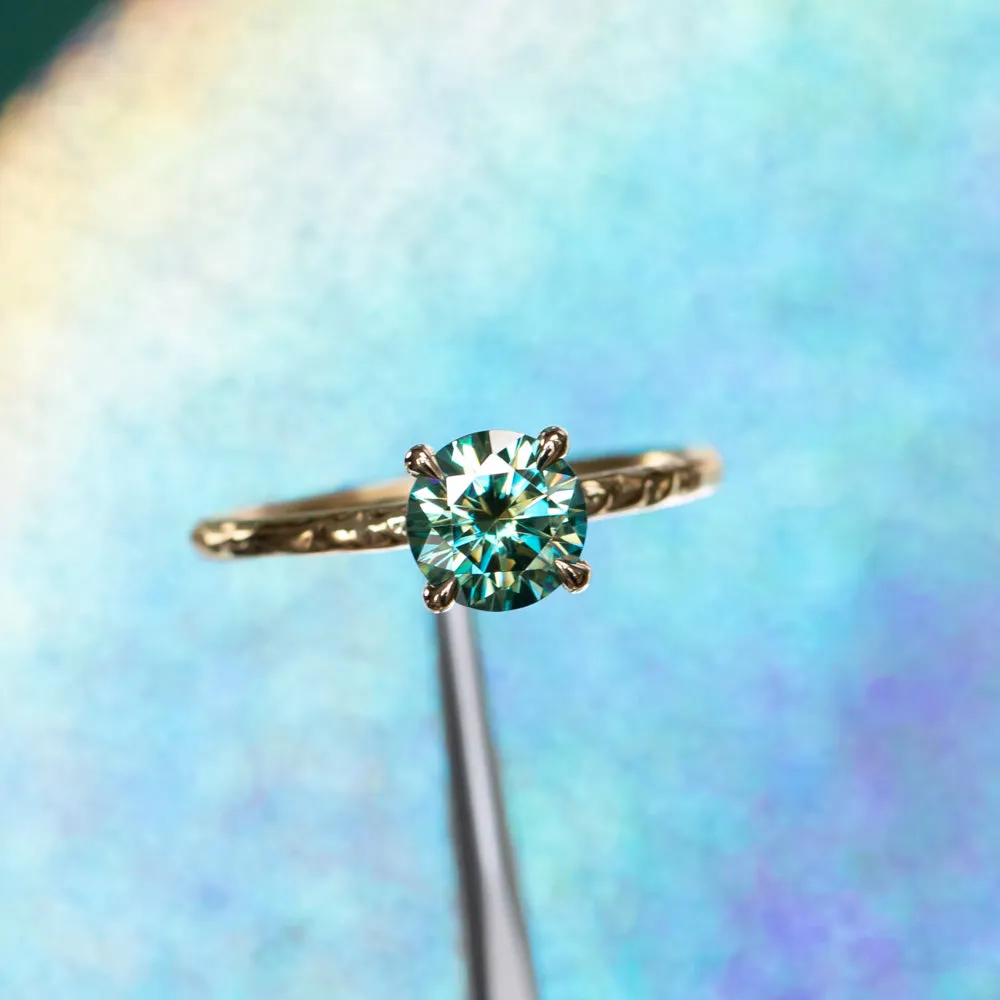 0.99ct Teal Moissanite Evergreen Solitaire Ring in 14k Yellow Gold