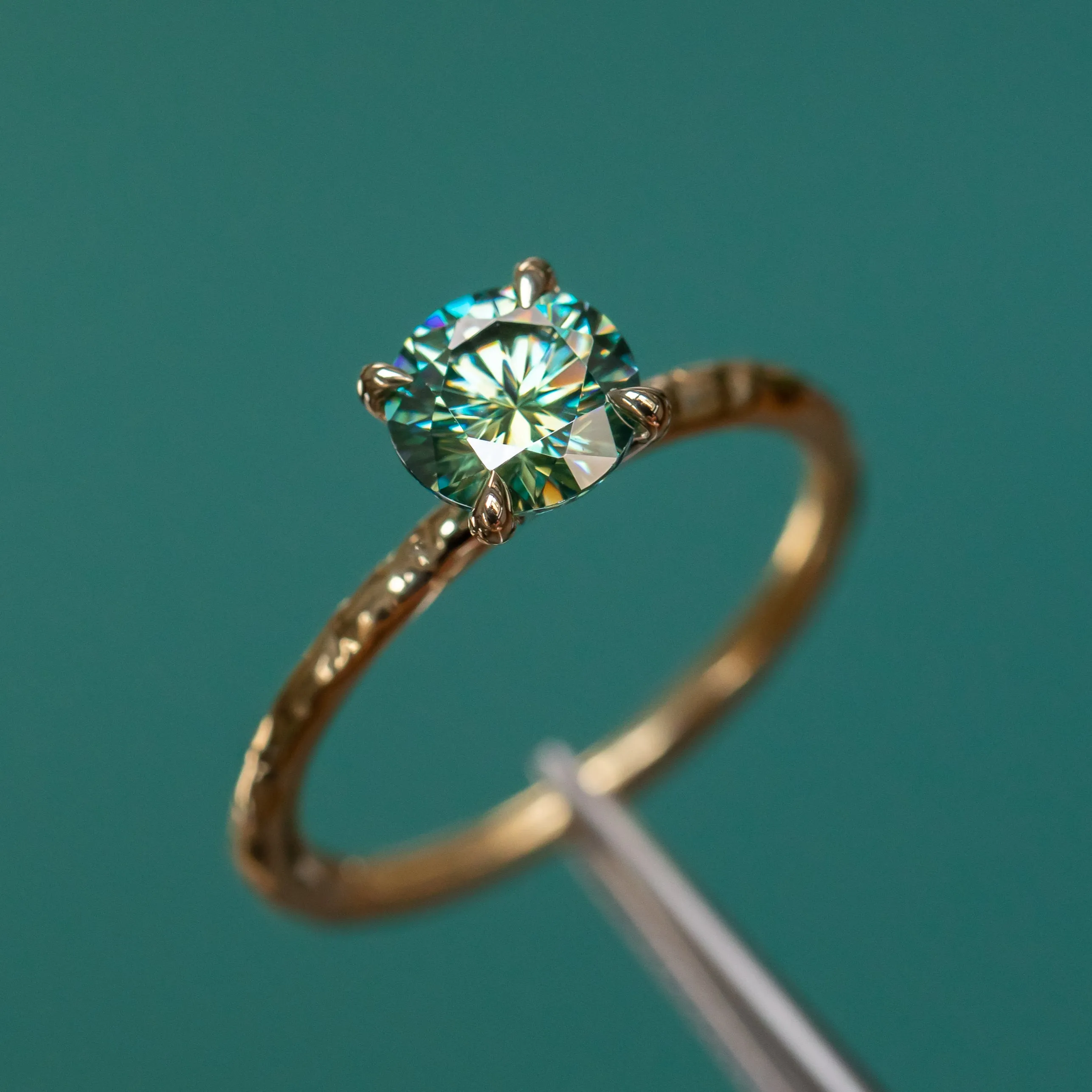 0.99ct Teal Moissanite Evergreen Solitaire Ring in 14k Yellow Gold