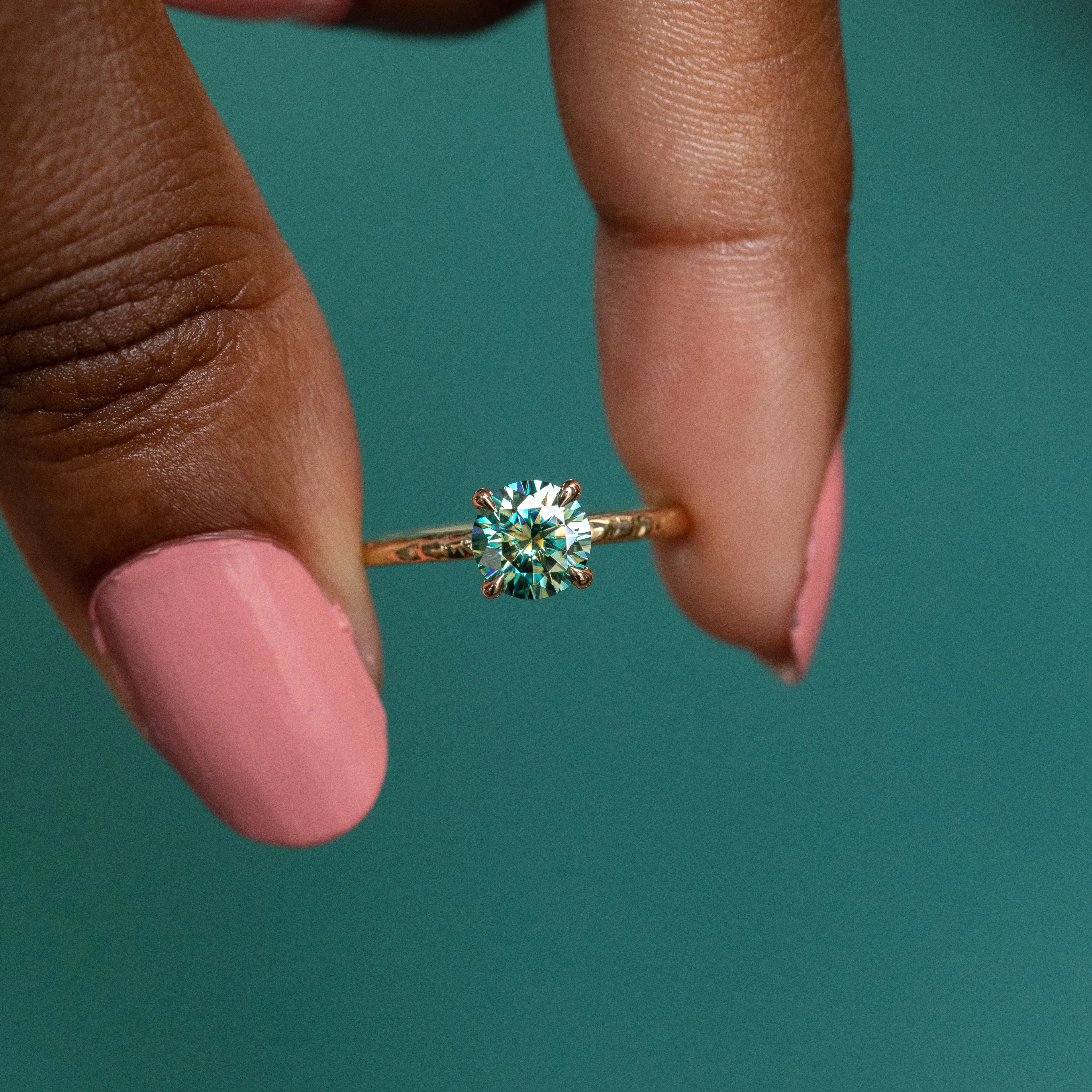 0.99ct Teal Moissanite Evergreen Solitaire Ring in 14k Yellow Gold