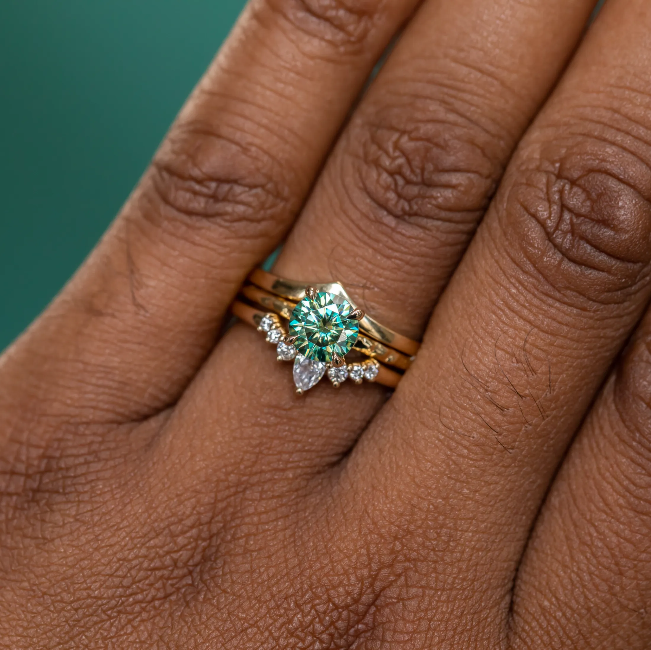 0.99ct Teal Moissanite Evergreen Solitaire Ring in 14k Yellow Gold