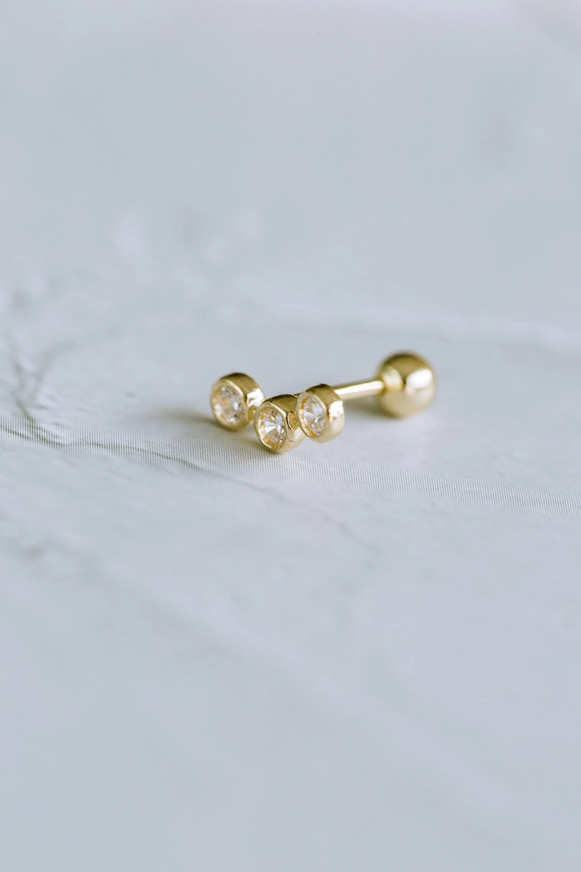 14K GOLD JEWELRY MINIMALIST DELICATE CZ CURVED STICK BAR BARBELL EAR STUD EARRING PIERCING