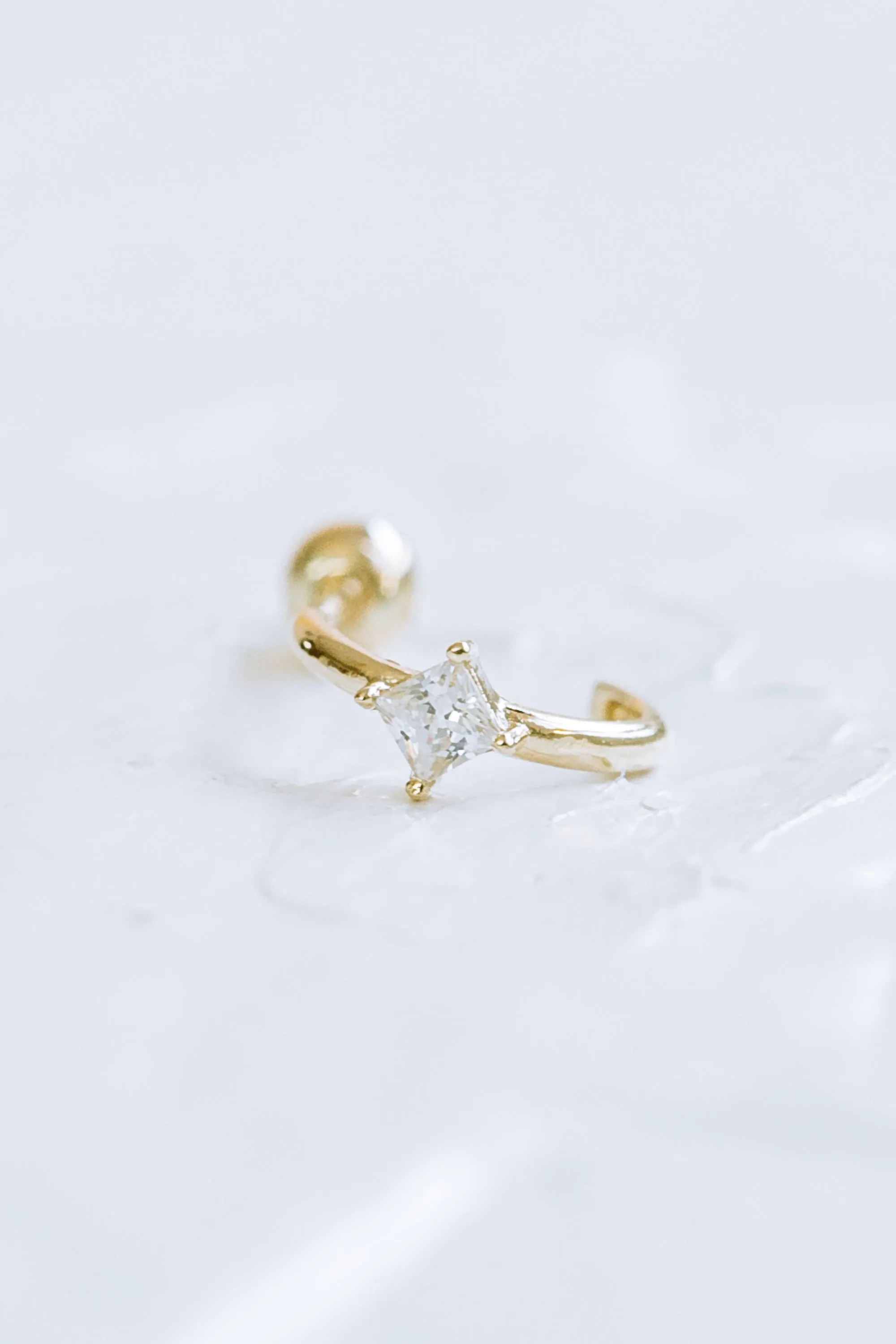 14K GOLD JEWELRY MINIMALIST DELICATE CZ SQUARE CURVED SHAPE BARBELL EAR STUD EARRING PIERCING