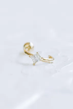 14K GOLD JEWELRY MINIMALIST DELICATE CZ SQUARE CURVED SHAPE BARBELL EAR STUD EARRING PIERCING