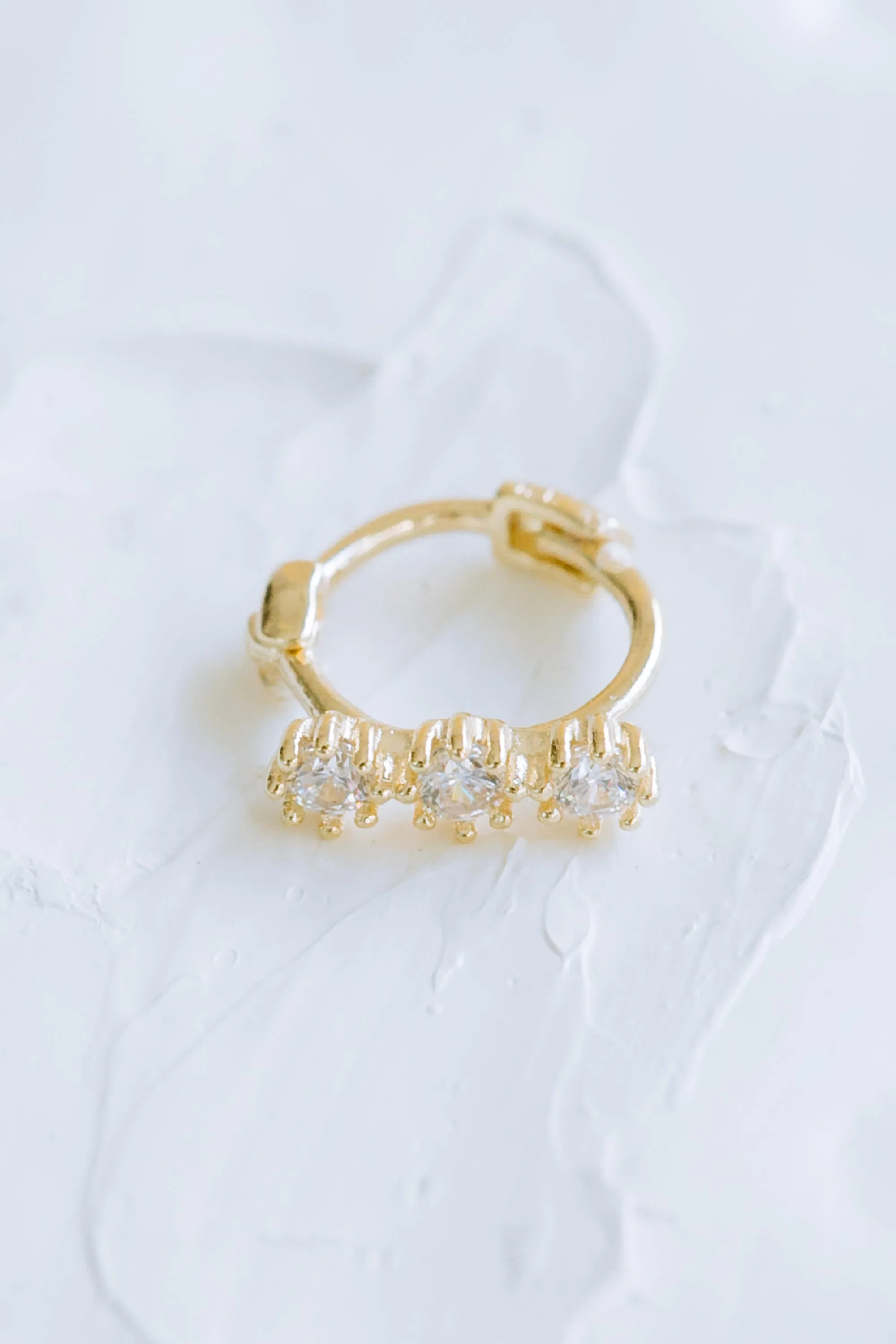 14K Solid Gold Snowflower Triple Cz  Huggie Hoop Ring