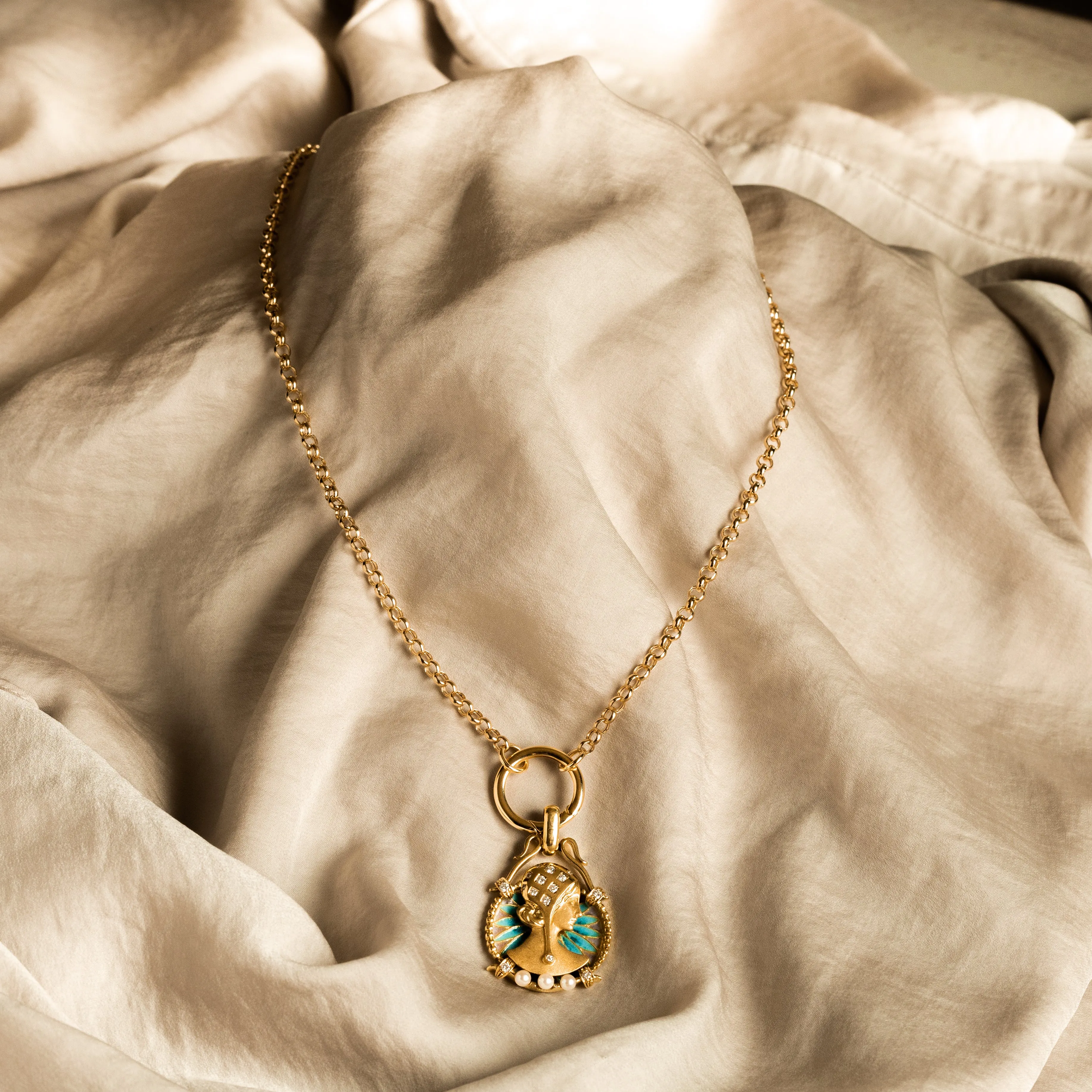 18K Yellow Gold Plique a Jour Art Nouveau Style Diamond Pendant on 14K Rolo Chain with Locking O Ring