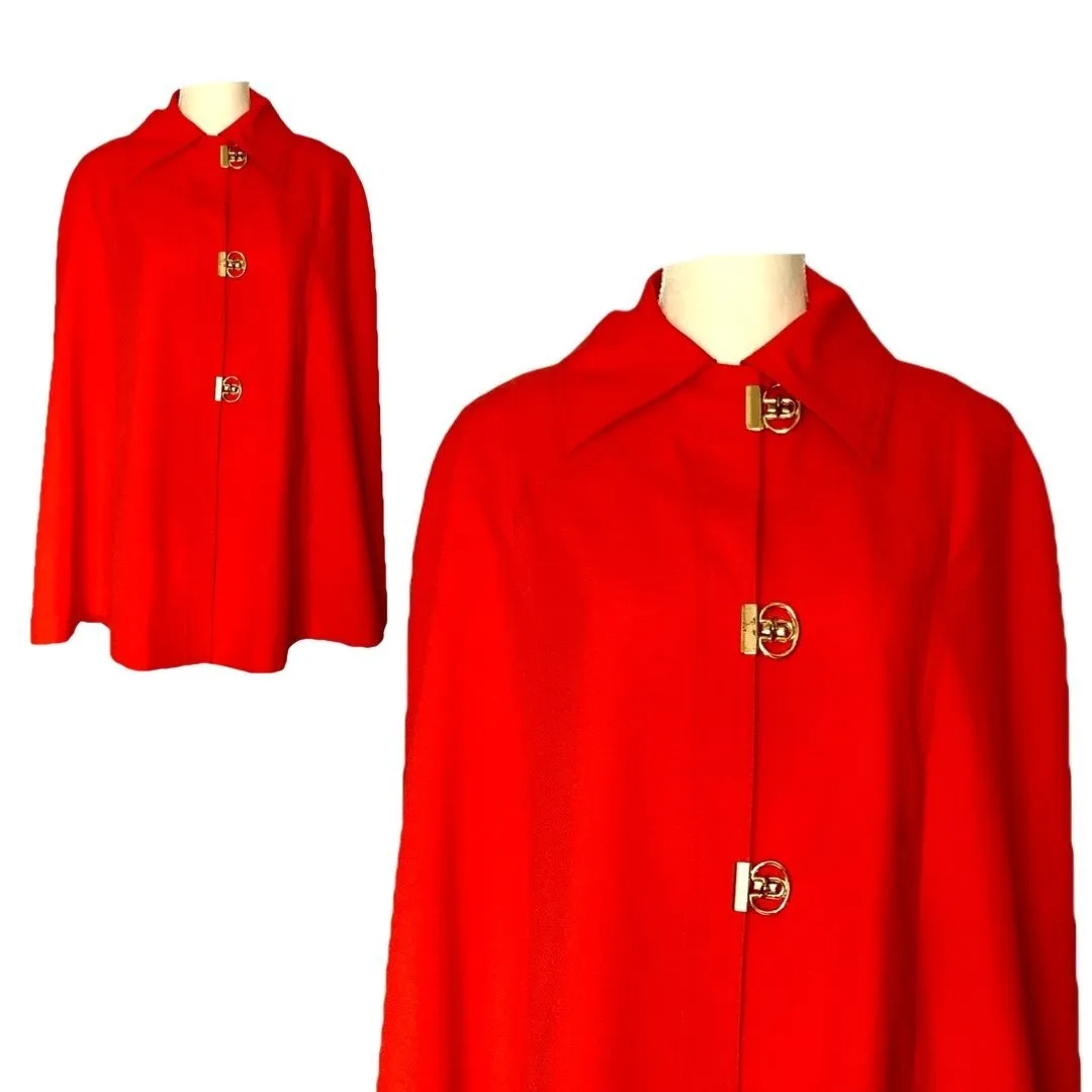 1960s Poppy Red / Orange Cape by Jerold. Perfect Spring Jacket with Toggle Closure.