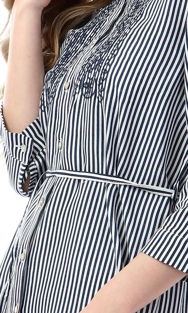 53583 Buttoned High Low Striped & Floral Embroidered Navy Blue Shirt