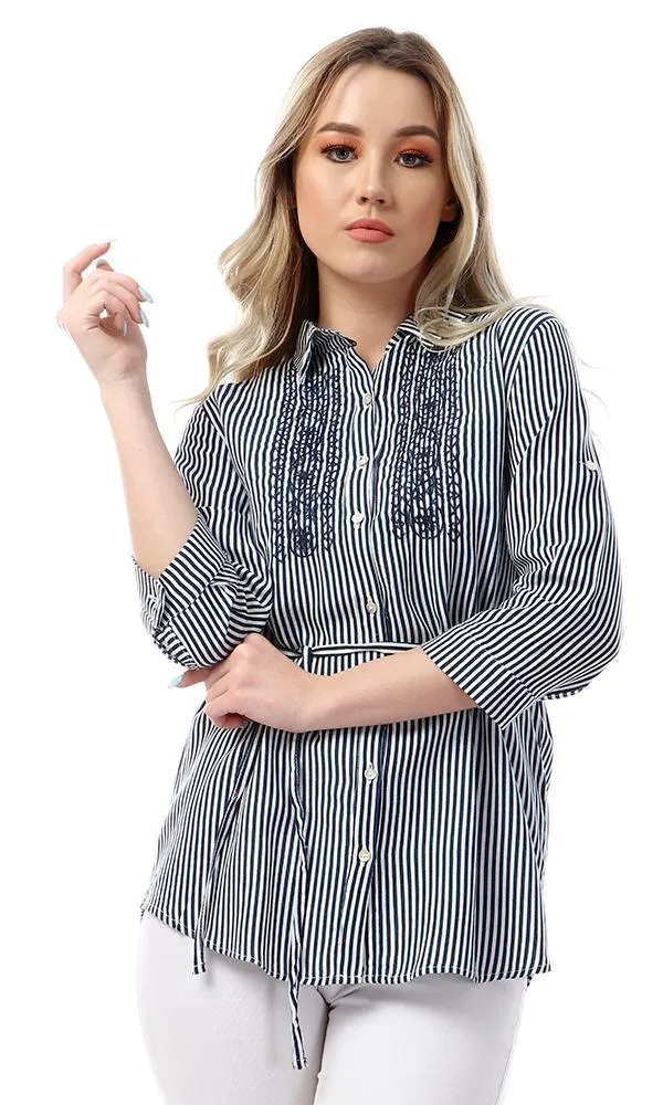 53583 Buttoned High Low Striped & Floral Embroidered Navy Blue Shirt