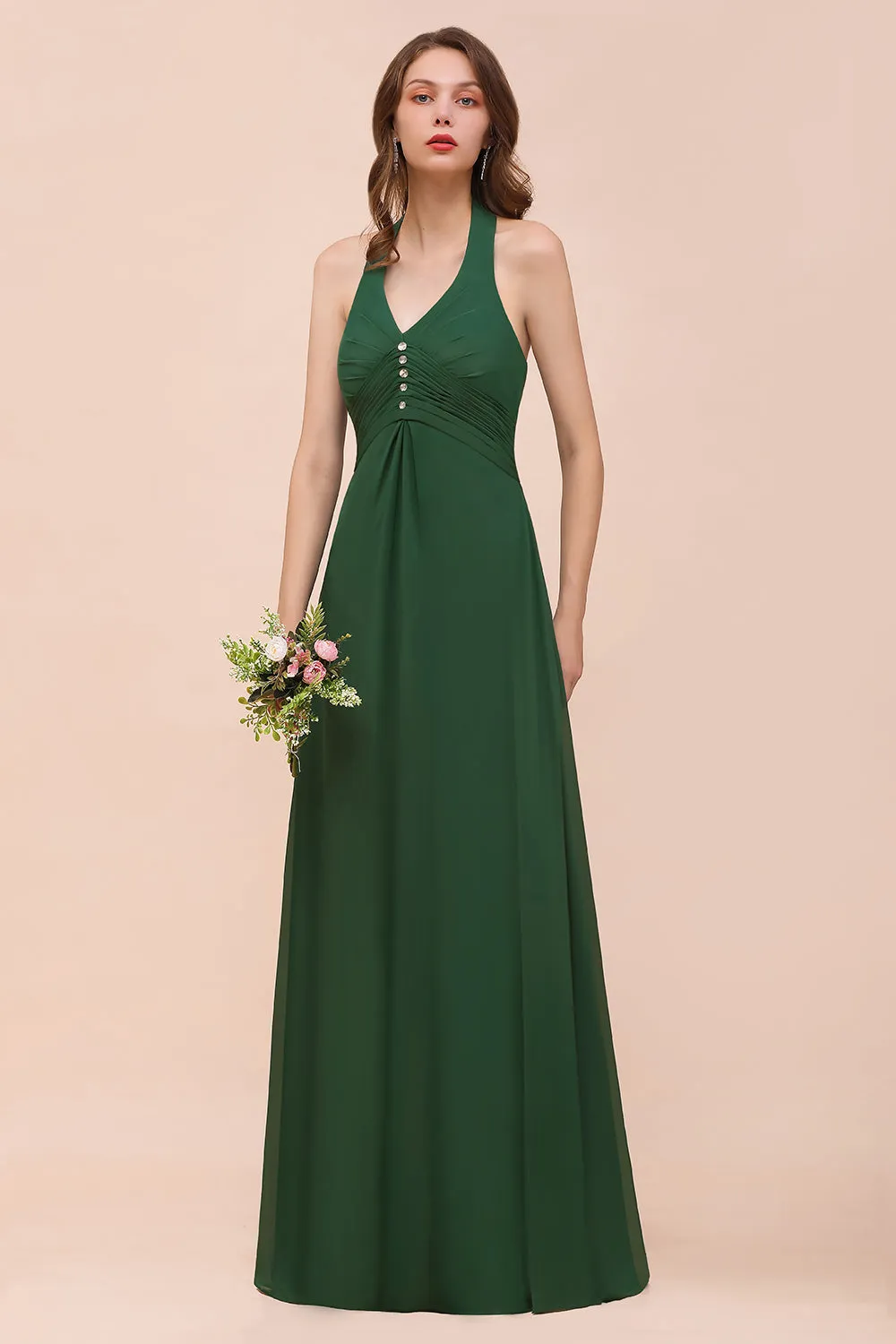 A-line Halter V-neck Chiffon Long Bridesmaid Dress With Crystal Embellishment