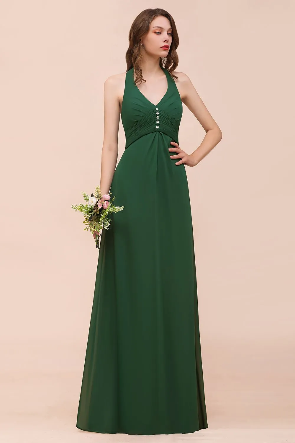 A-line Halter V-neck Chiffon Long Bridesmaid Dress With Crystal Embellishment