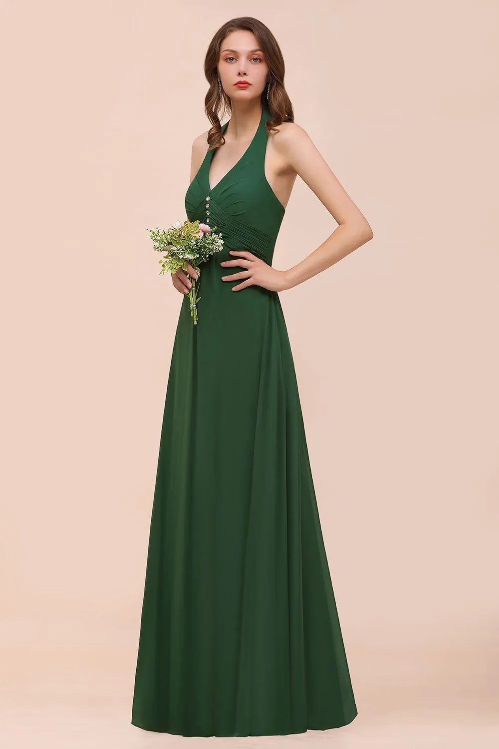 A-line Halter V-neck Chiffon Long Bridesmaid Dress With Crystal Embellishment