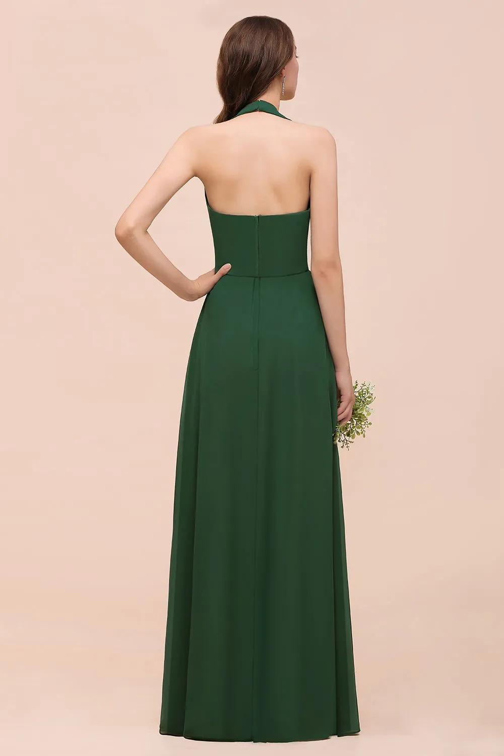 A-line Halter V-neck Chiffon Long Bridesmaid Dress With Crystal Embellishment