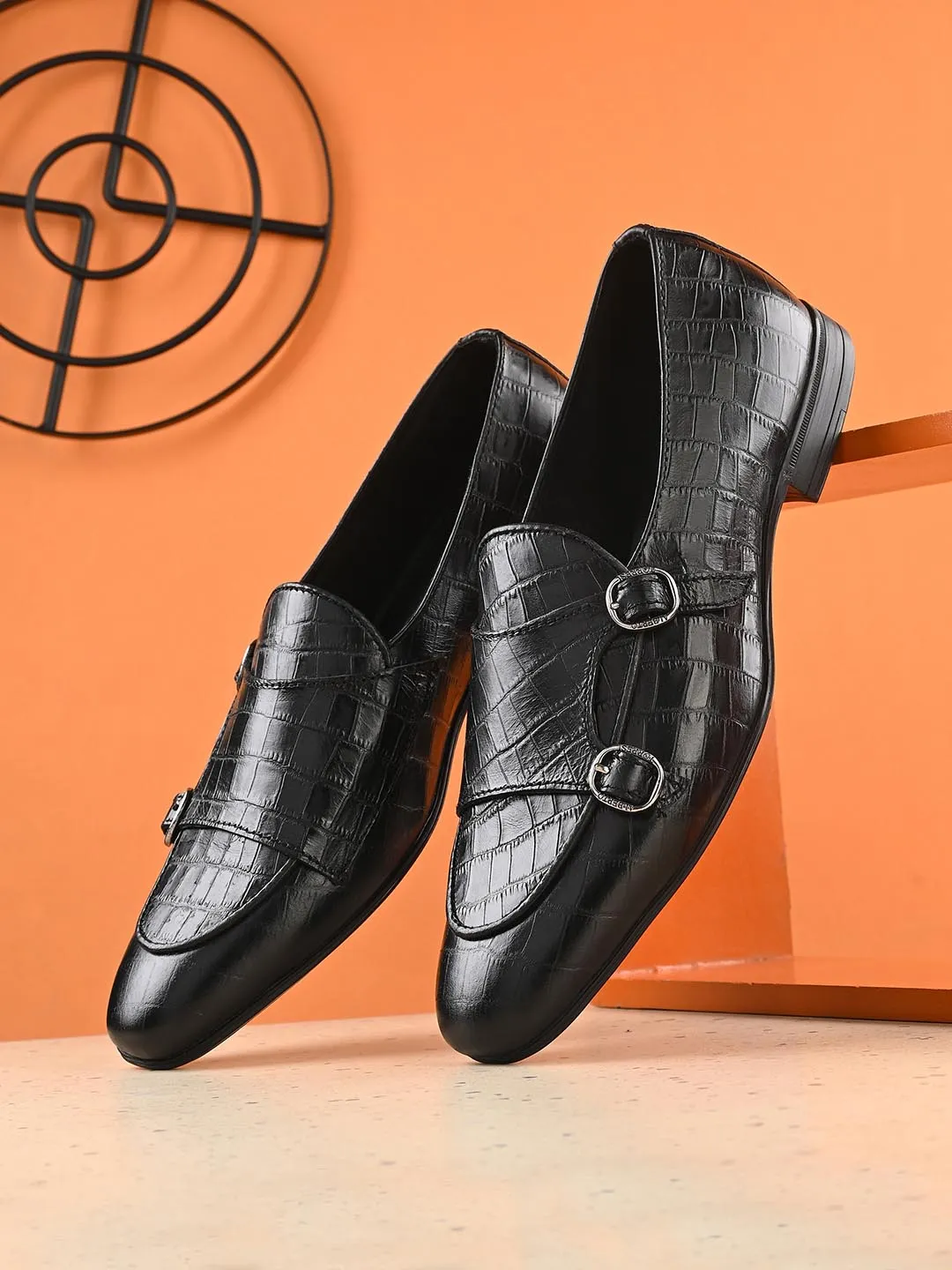 Alberto Torresi Genuine Leather Shoe Black Croco Monk Strap