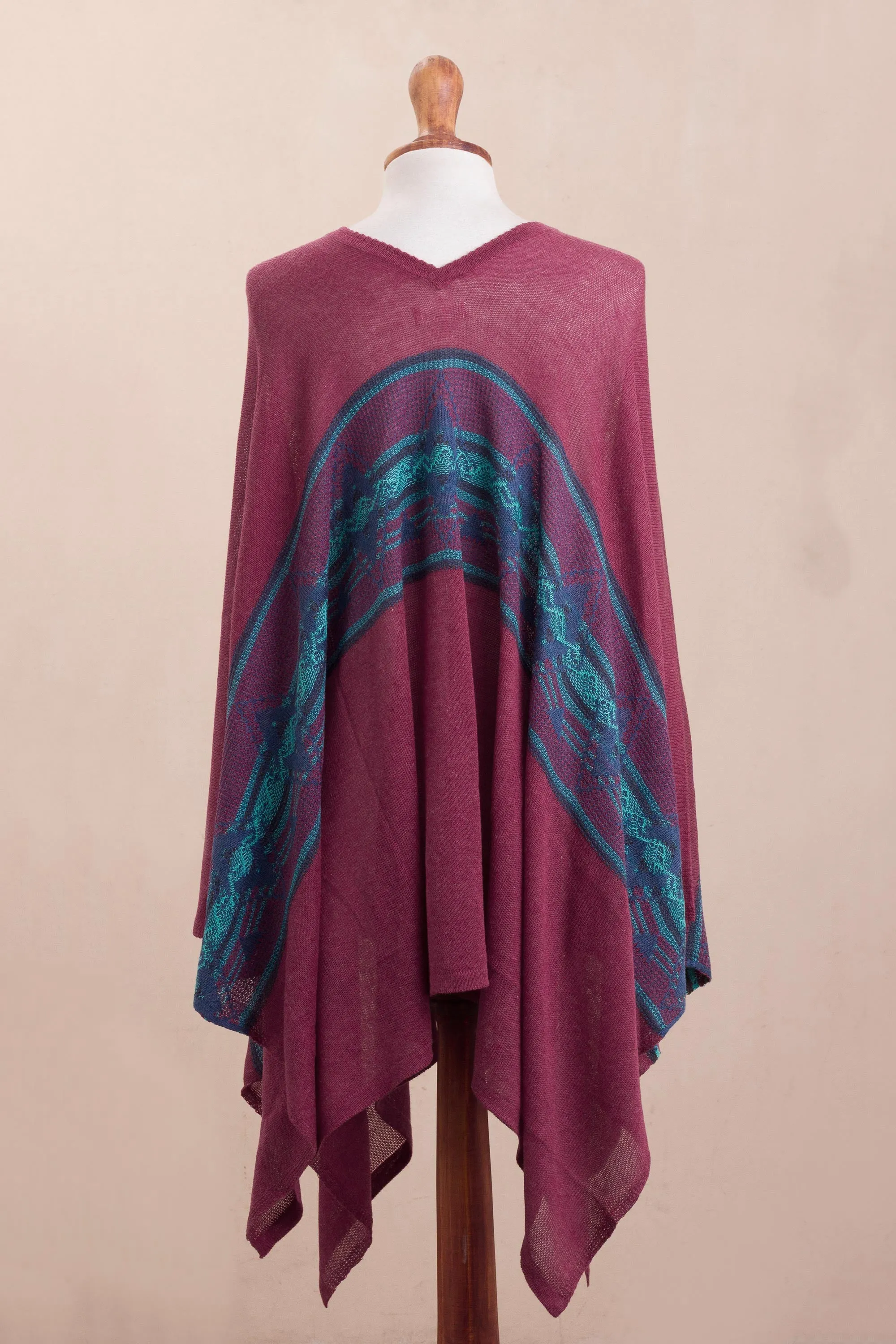 Andean Charm Cotton Blend Poncho in Cerise and Blue from Peru