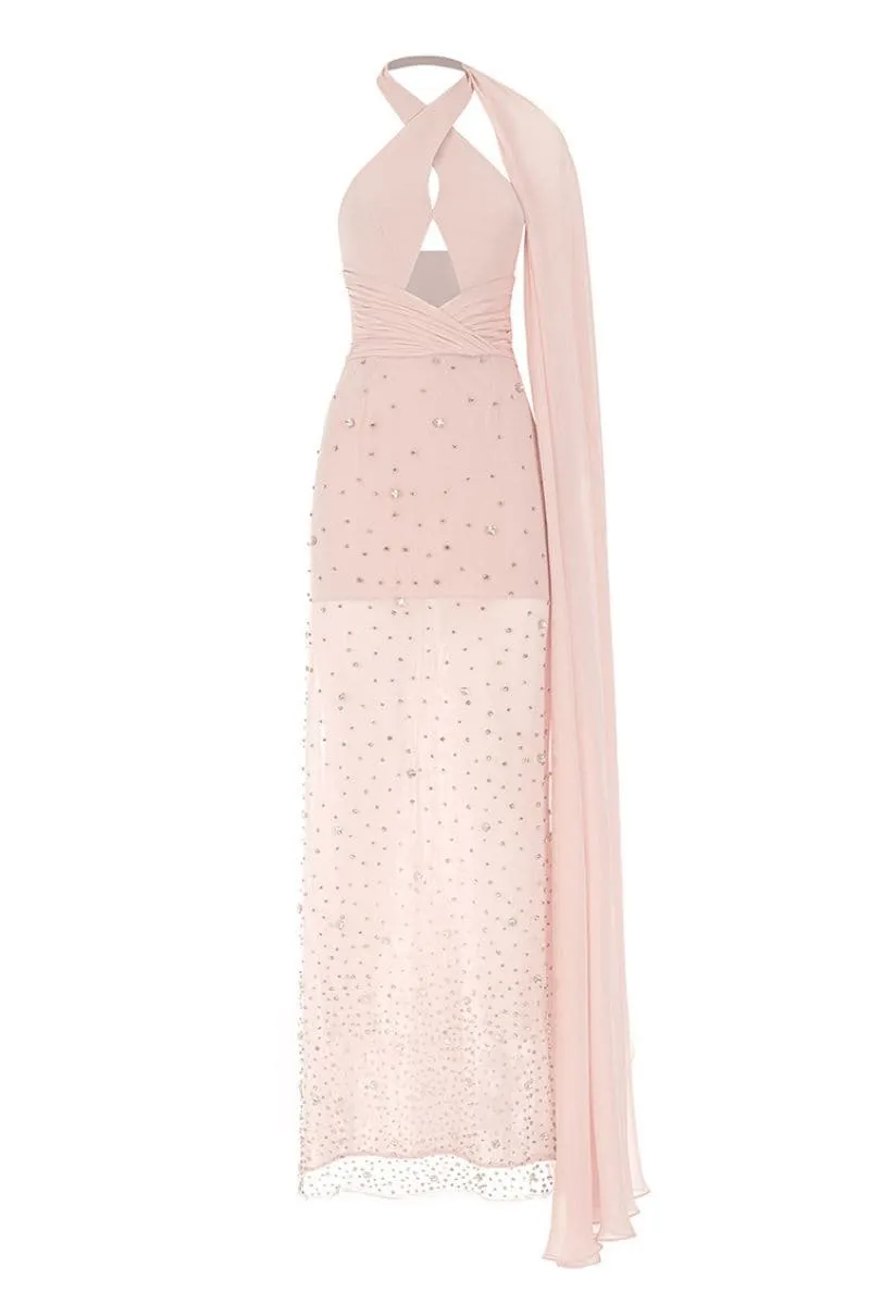 BABY PINK CRYSTAL-EMBELLISHED SILK GOWN