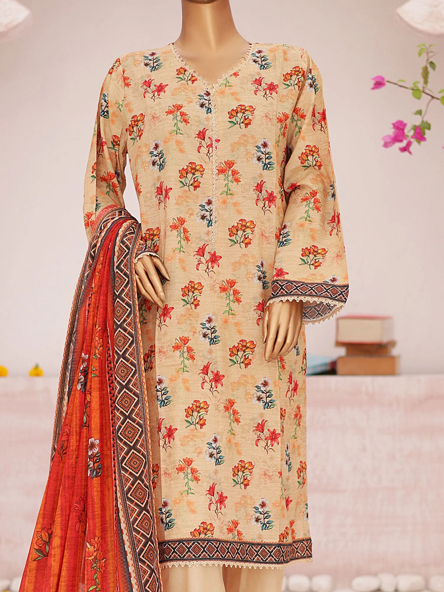 Bin Saeed Printed Lawn 3-Piece Suit - Beige