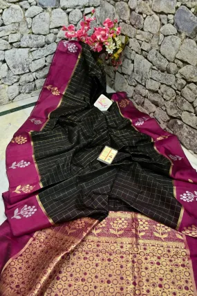 Black and Deep Magenta Color Raw Silk Saree with Golden Checks and Silver & Golden Buti Border