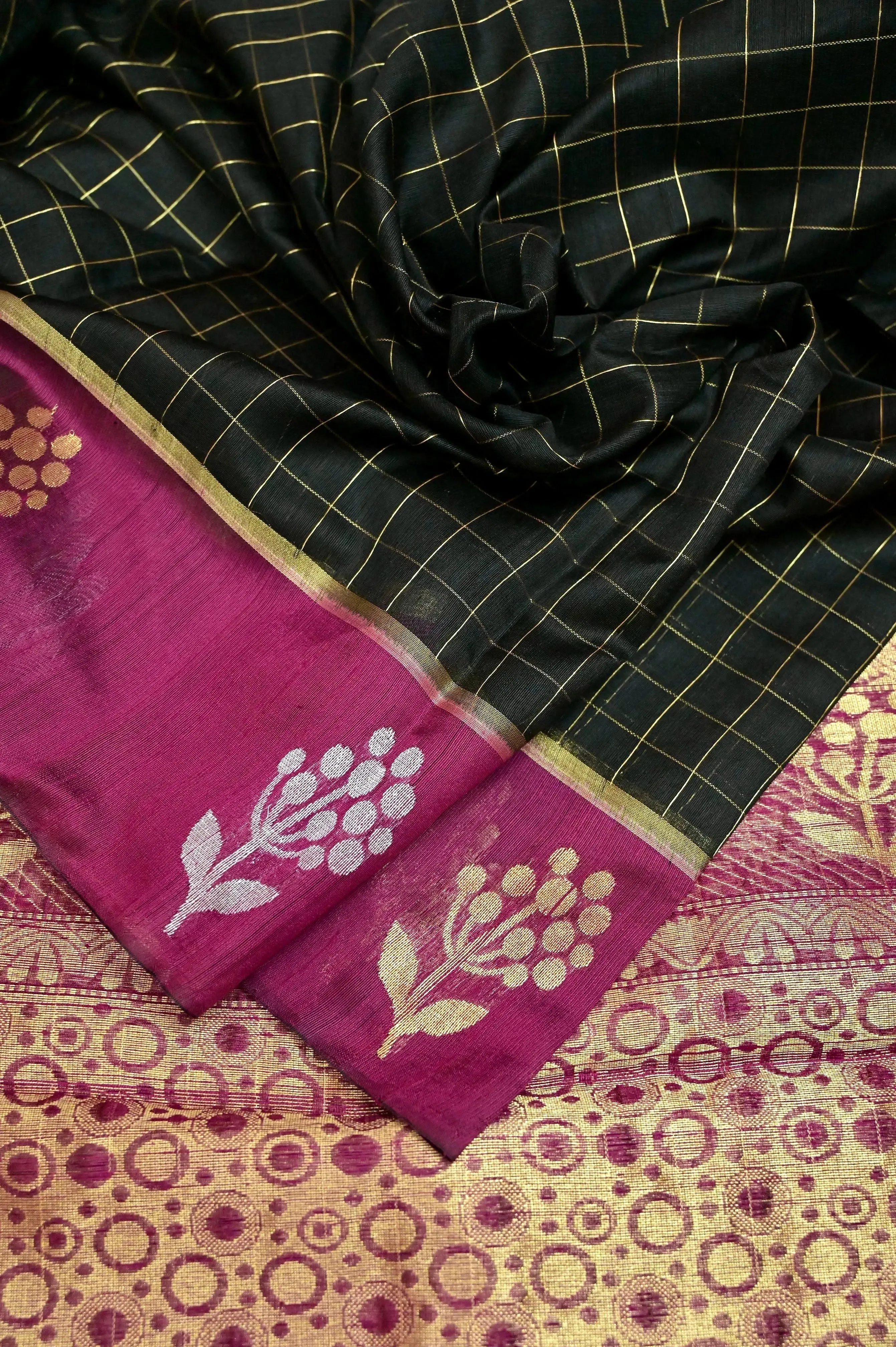 Black and Deep Magenta Color Raw Silk Saree with Golden Checks and Silver & Golden Buti Border