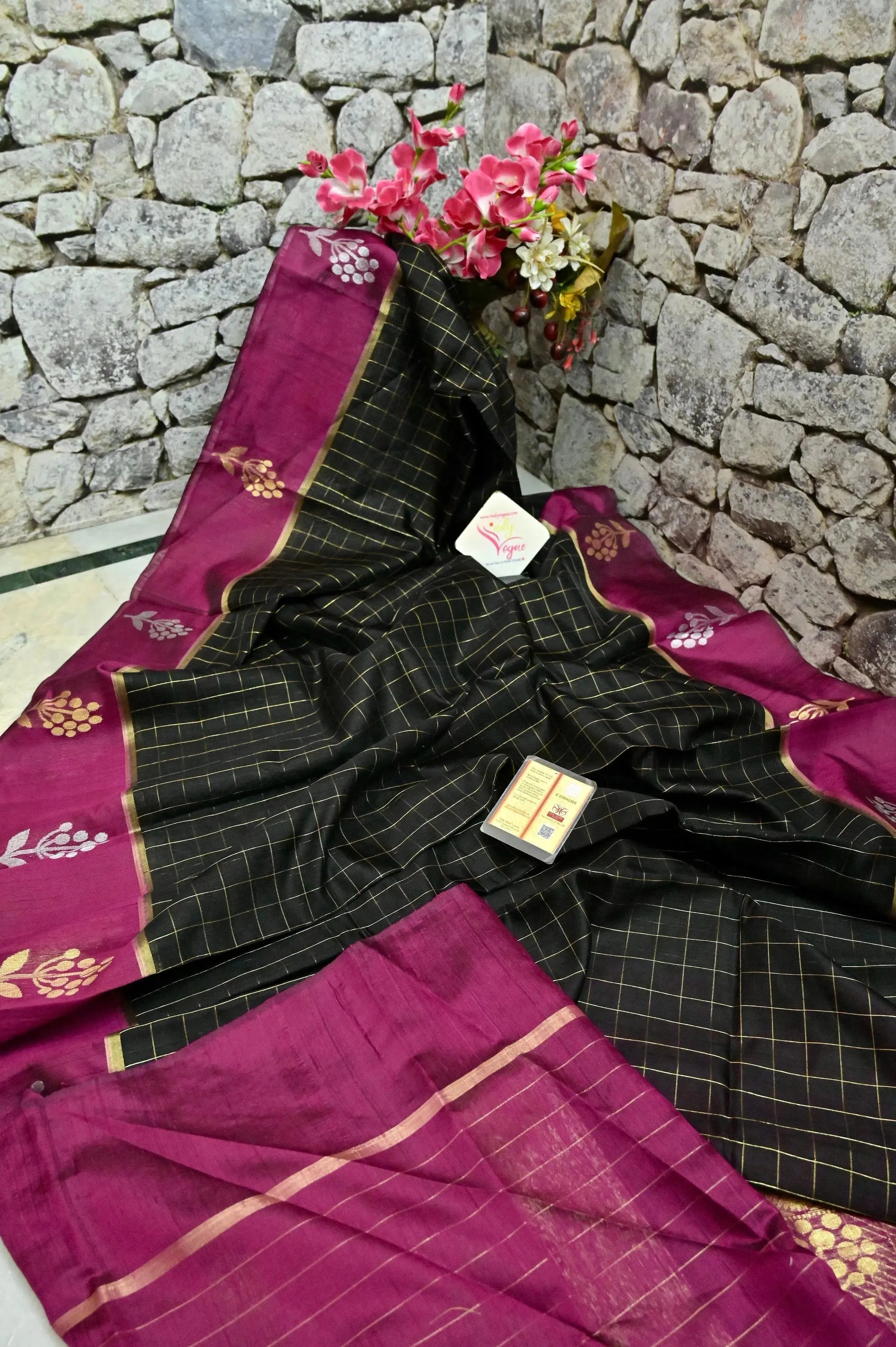 Black and Deep Magenta Color Raw Silk Saree with Golden Checks and Silver & Golden Buti Border