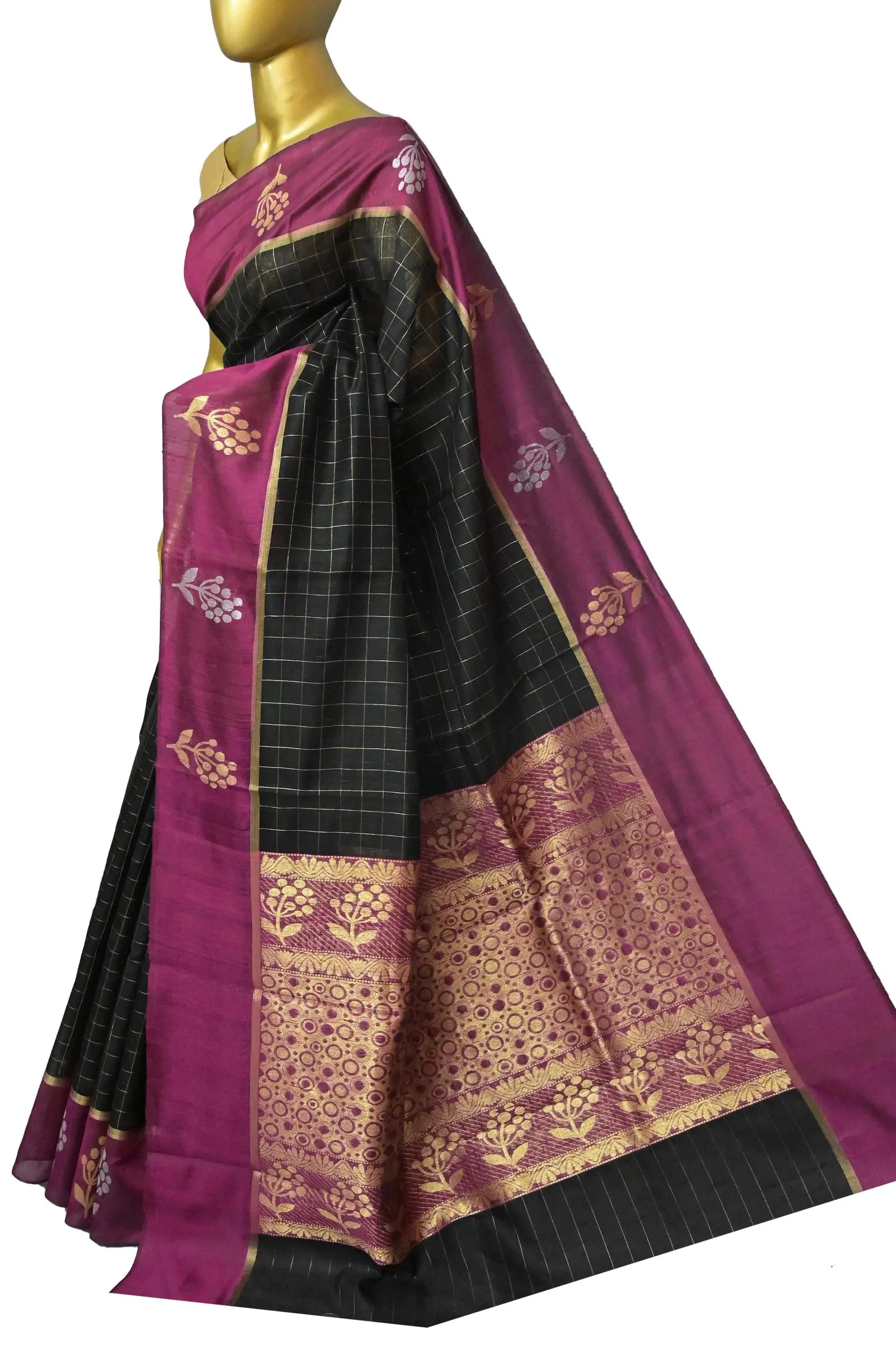 Black and Deep Magenta Color Raw Silk Saree with Golden Checks and Silver & Golden Buti Border