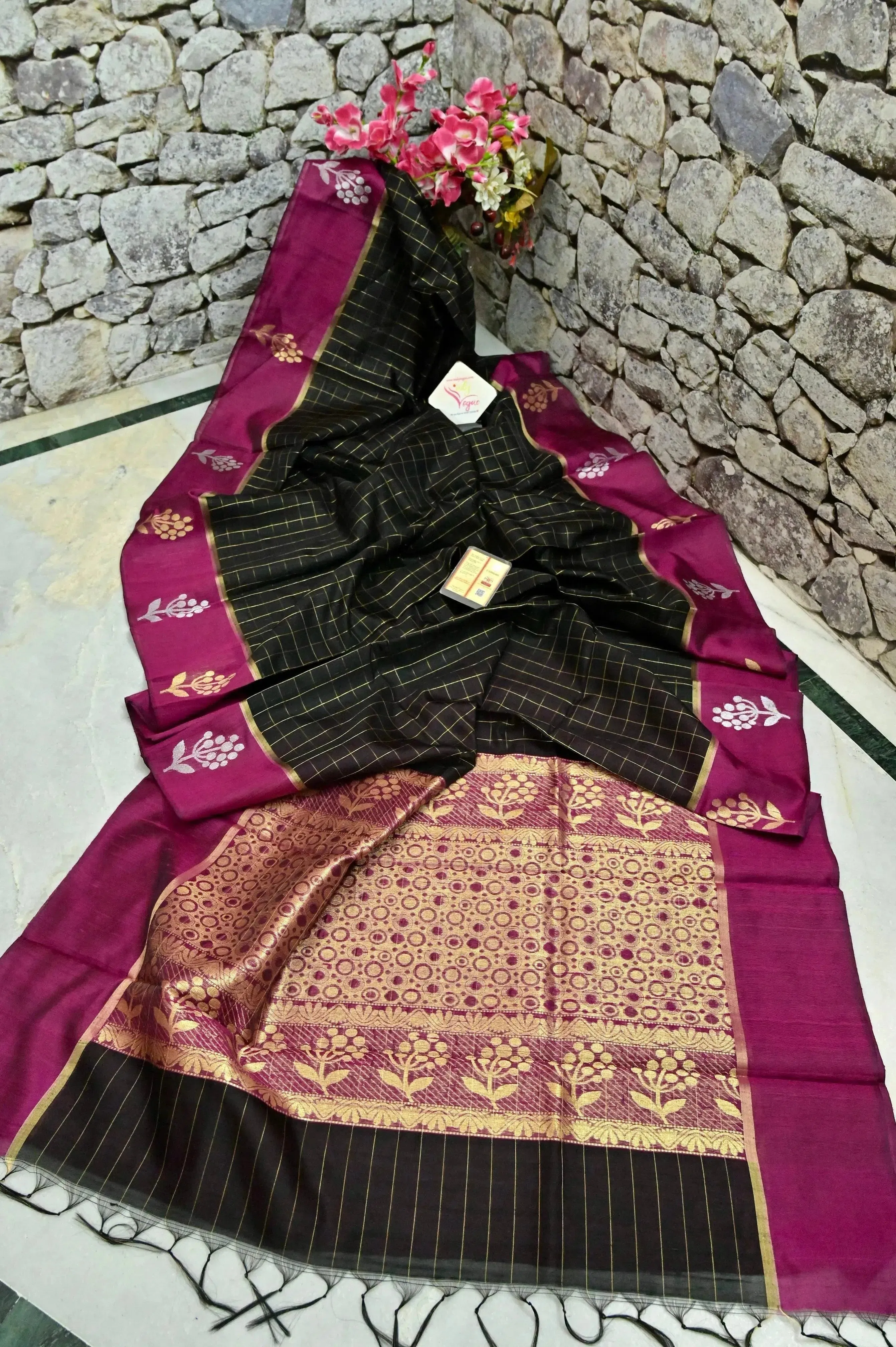 Black and Deep Magenta Color Raw Silk Saree with Golden Checks and Silver & Golden Buti Border