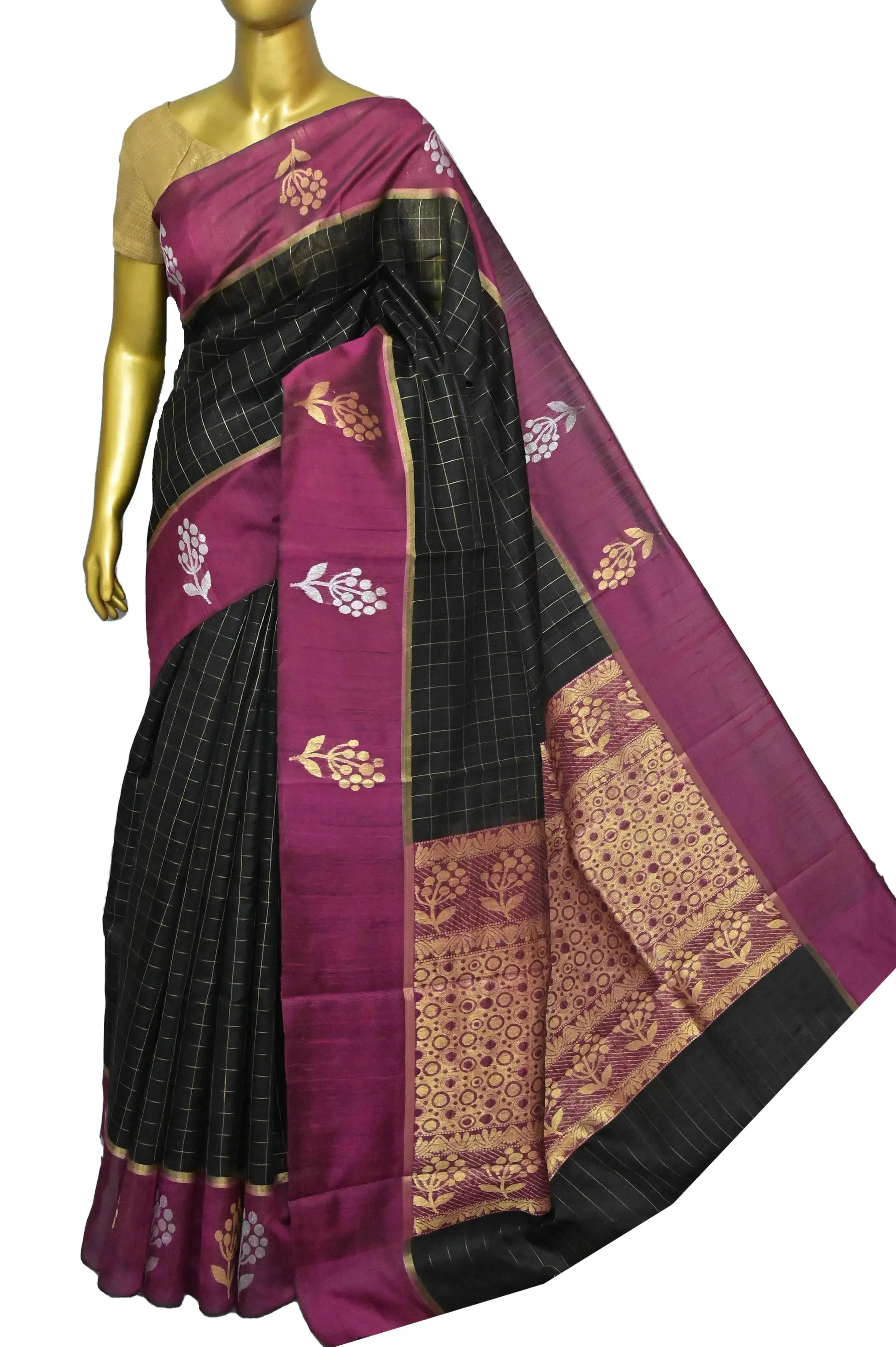 Black and Deep Magenta Color Raw Silk Saree with Golden Checks and Silver & Golden Buti Border