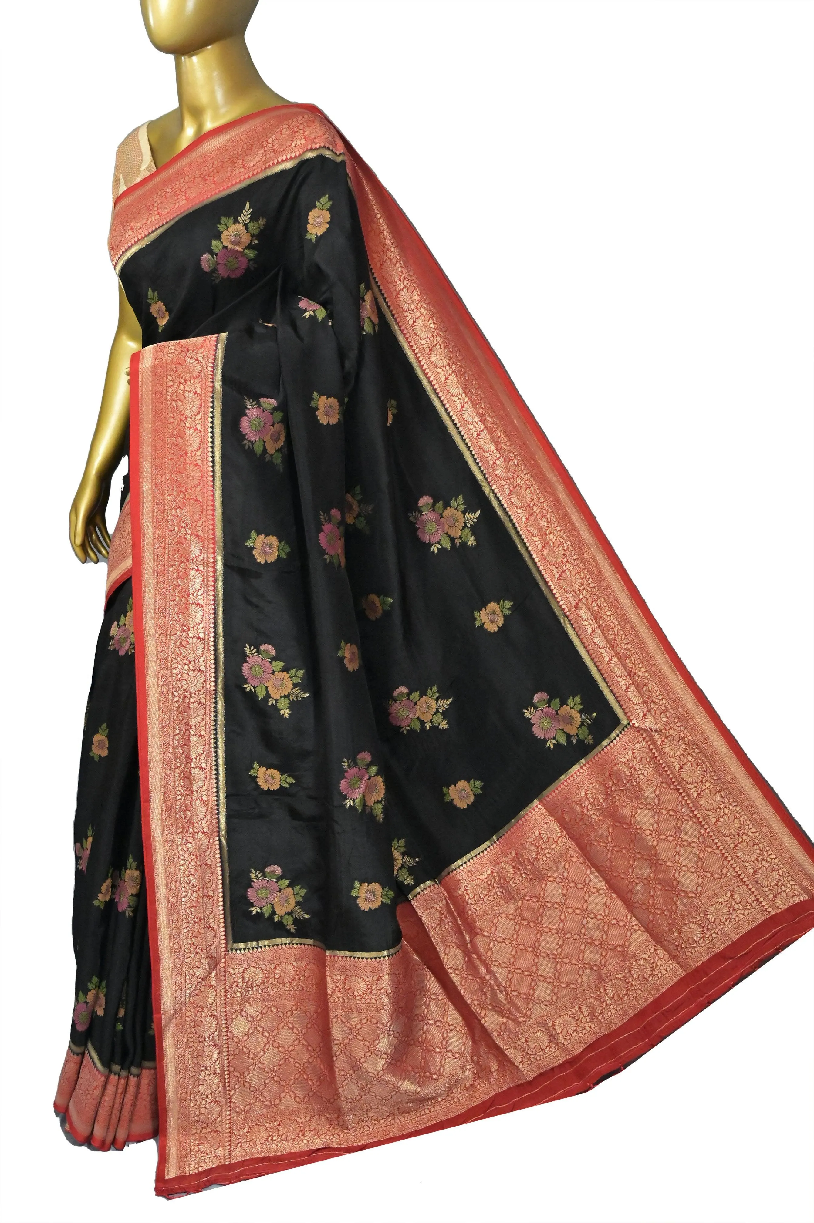 Black and Red Color Muga Banarasi Silk Saree