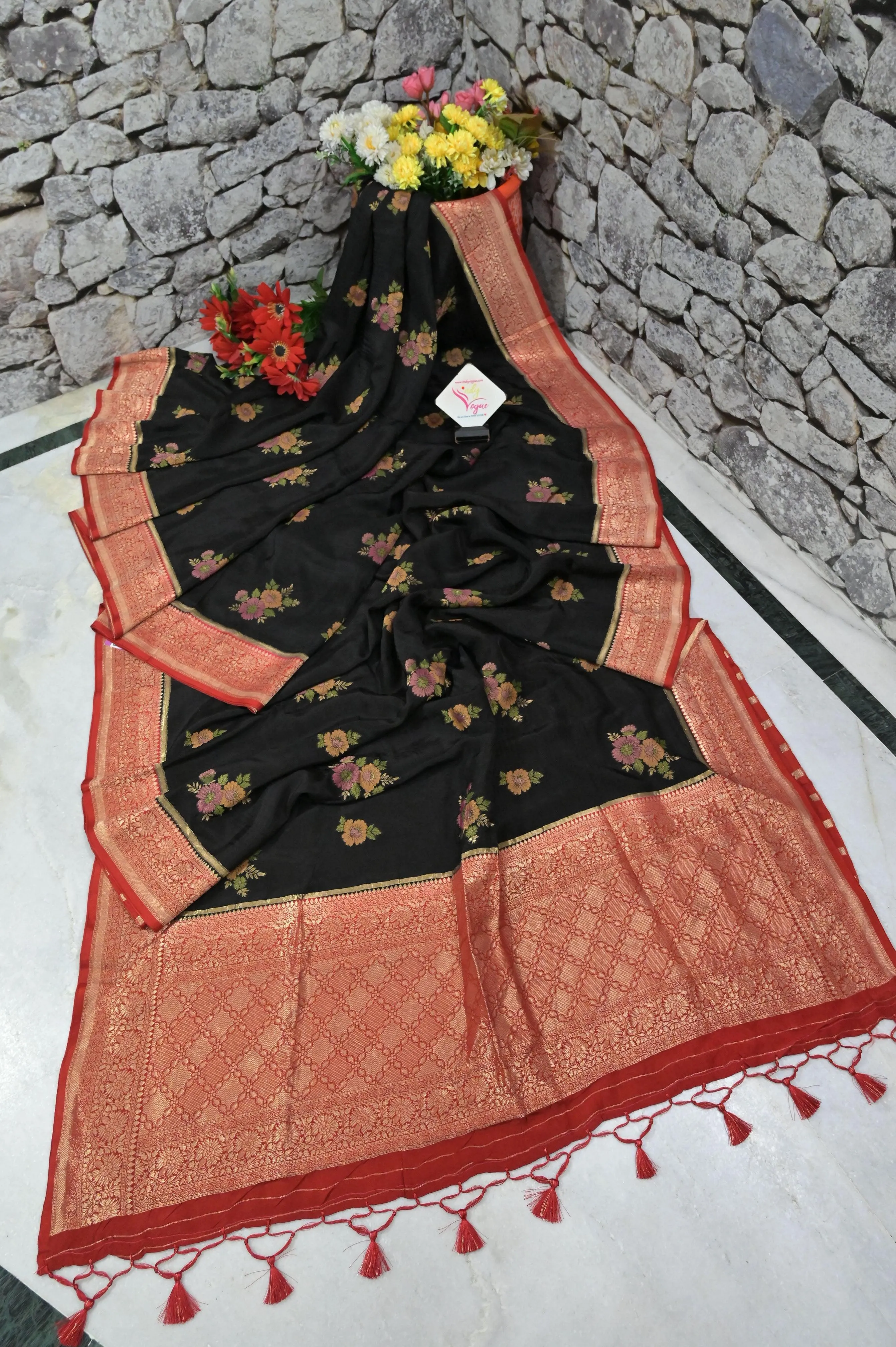 Black and Red Color Muga Banarasi Silk Saree