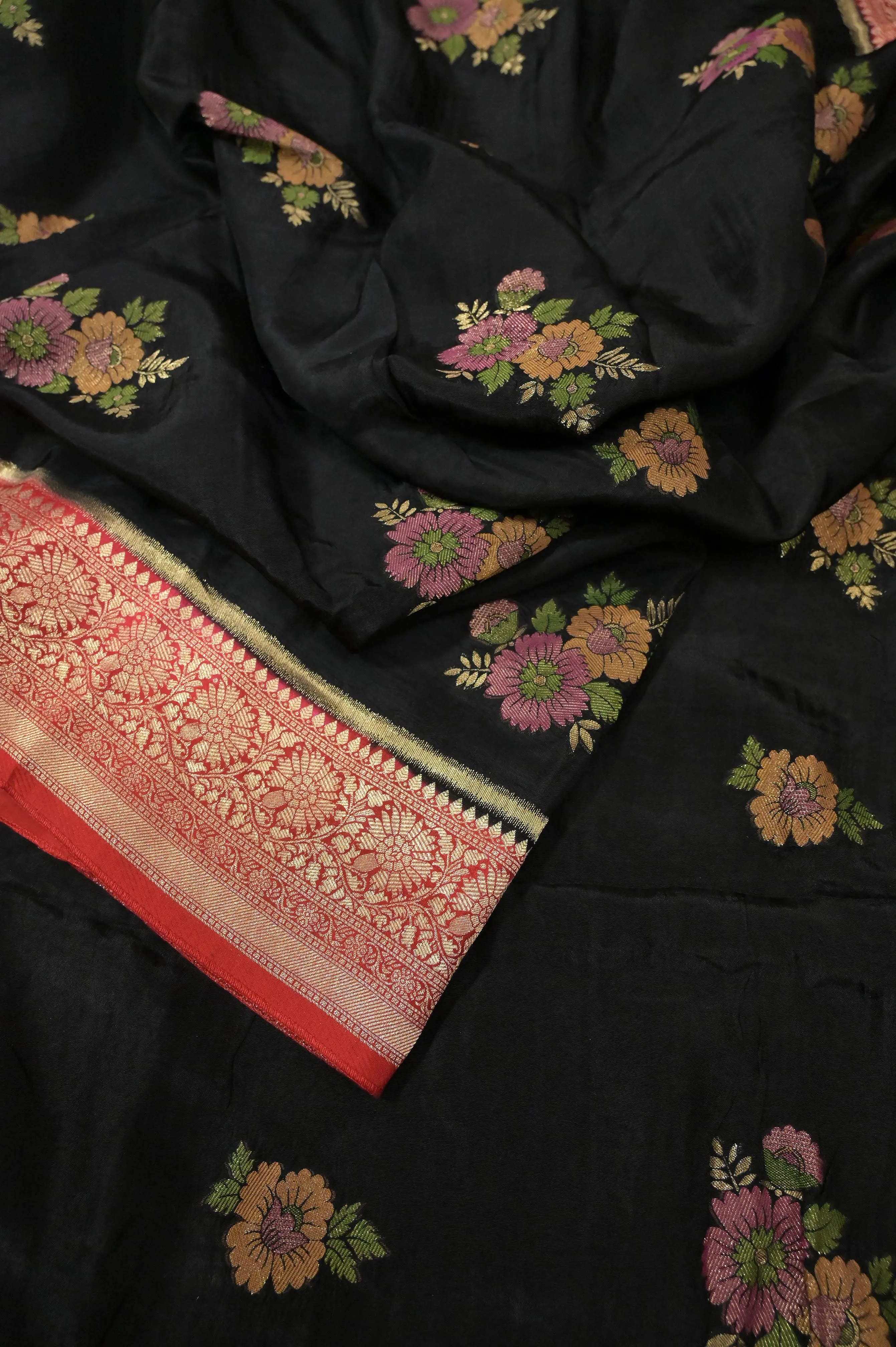 Black and Red Color Muga Banarasi Silk Saree