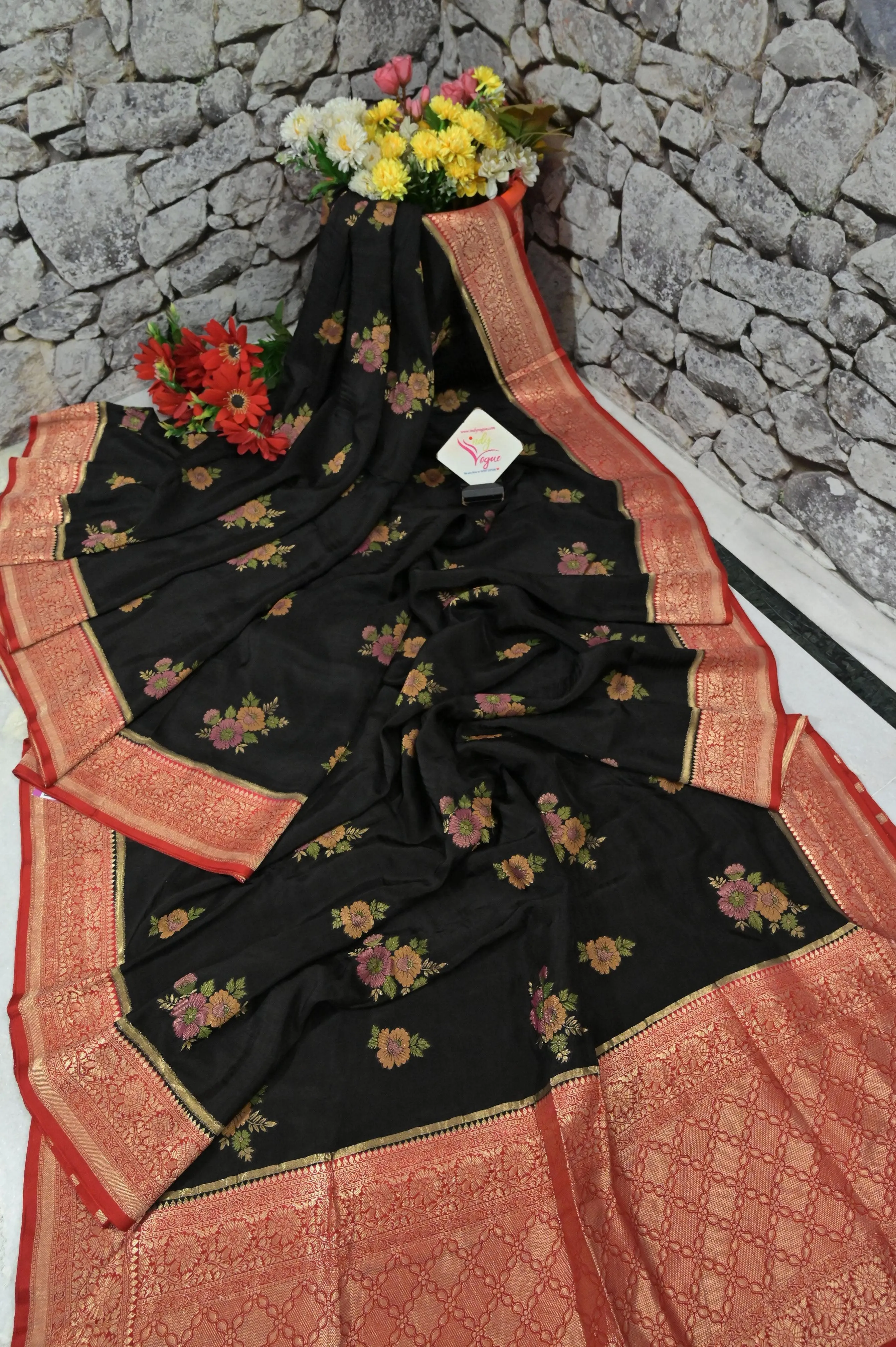 Black and Red Color Muga Banarasi Silk Saree