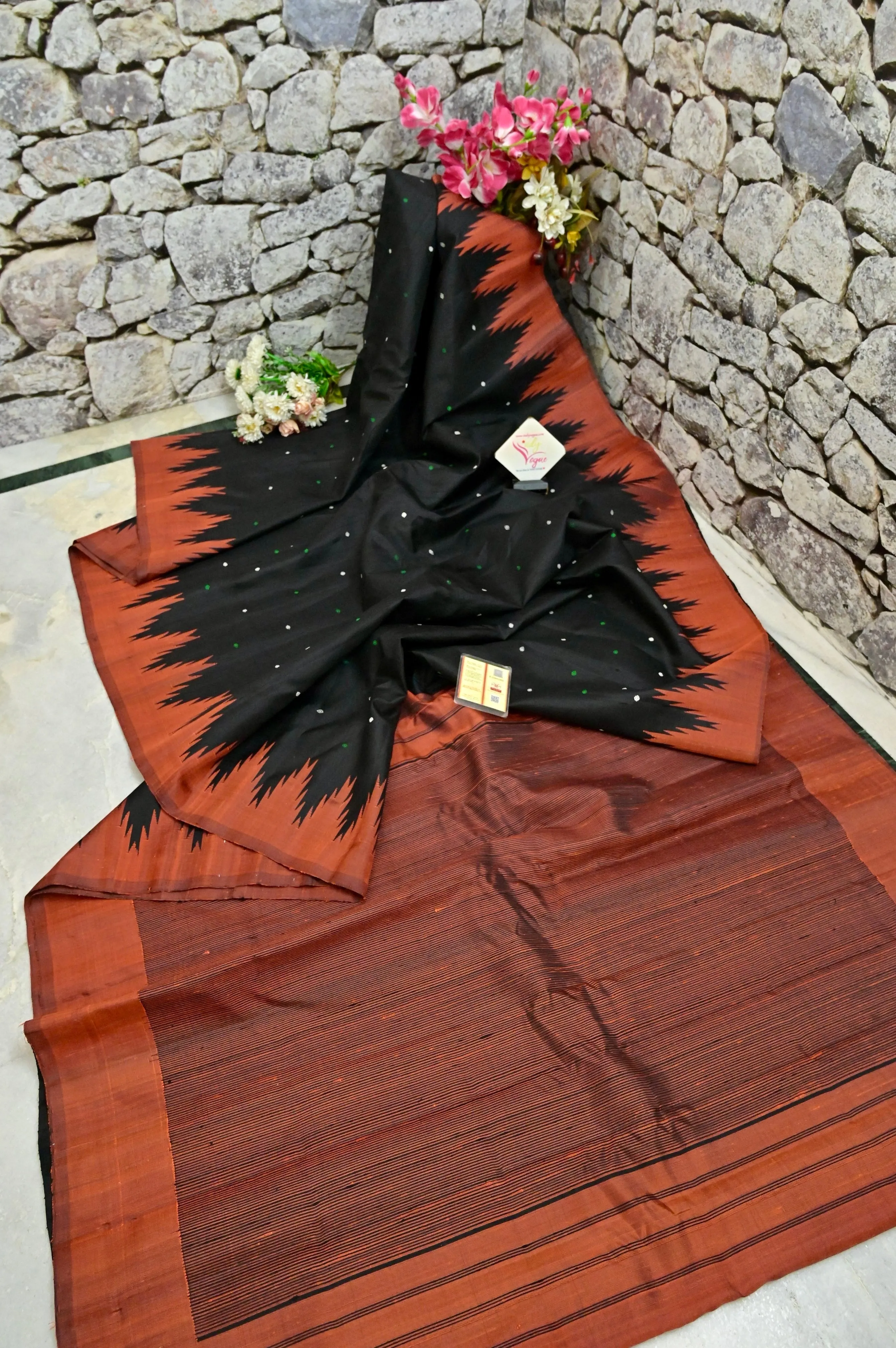 Black and Rust Color Pure Jute Silk Saree with Gadwal Temple Border