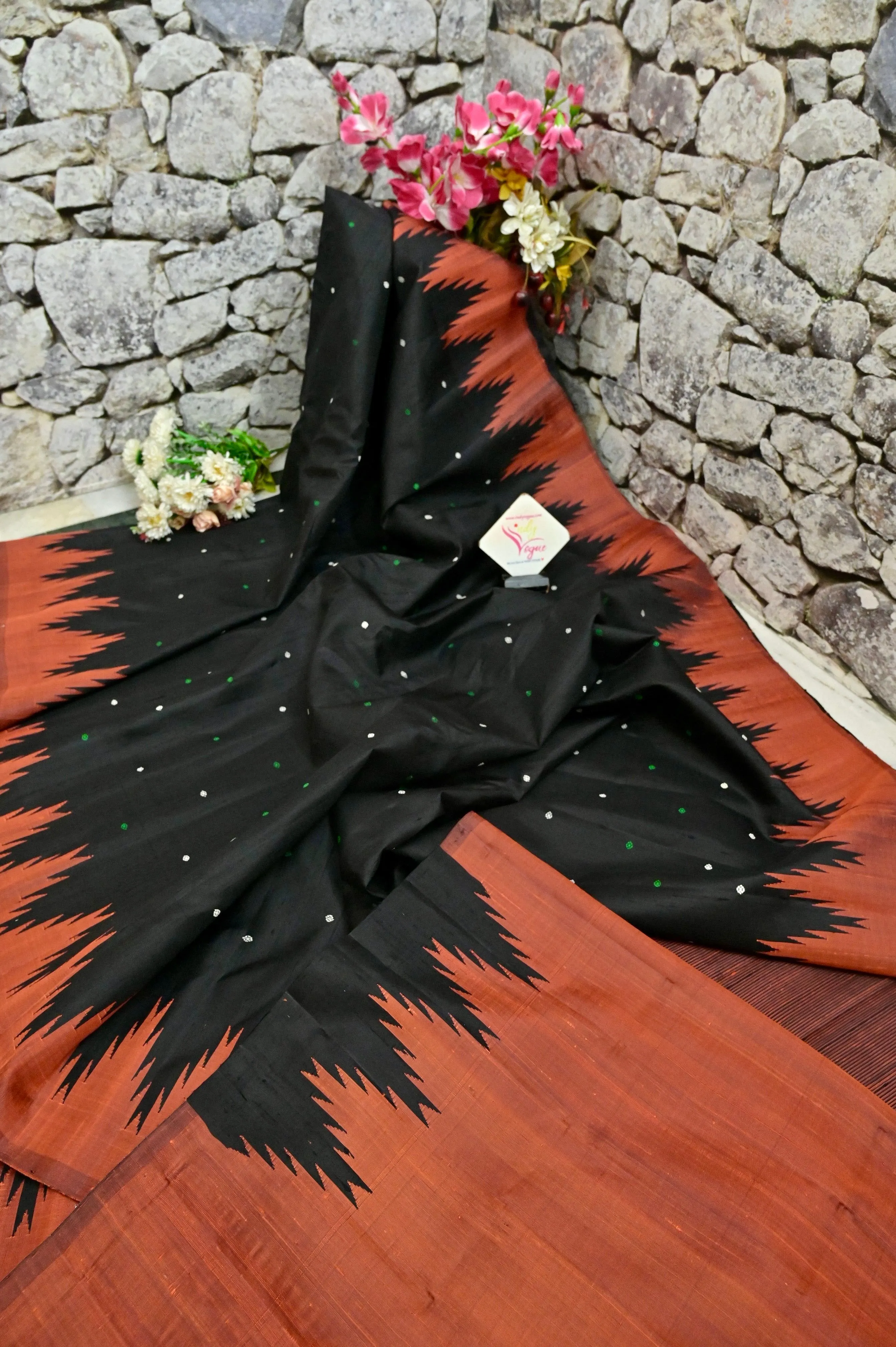 Black and Rust Color Pure Jute Silk Saree with Gadwal Temple Border