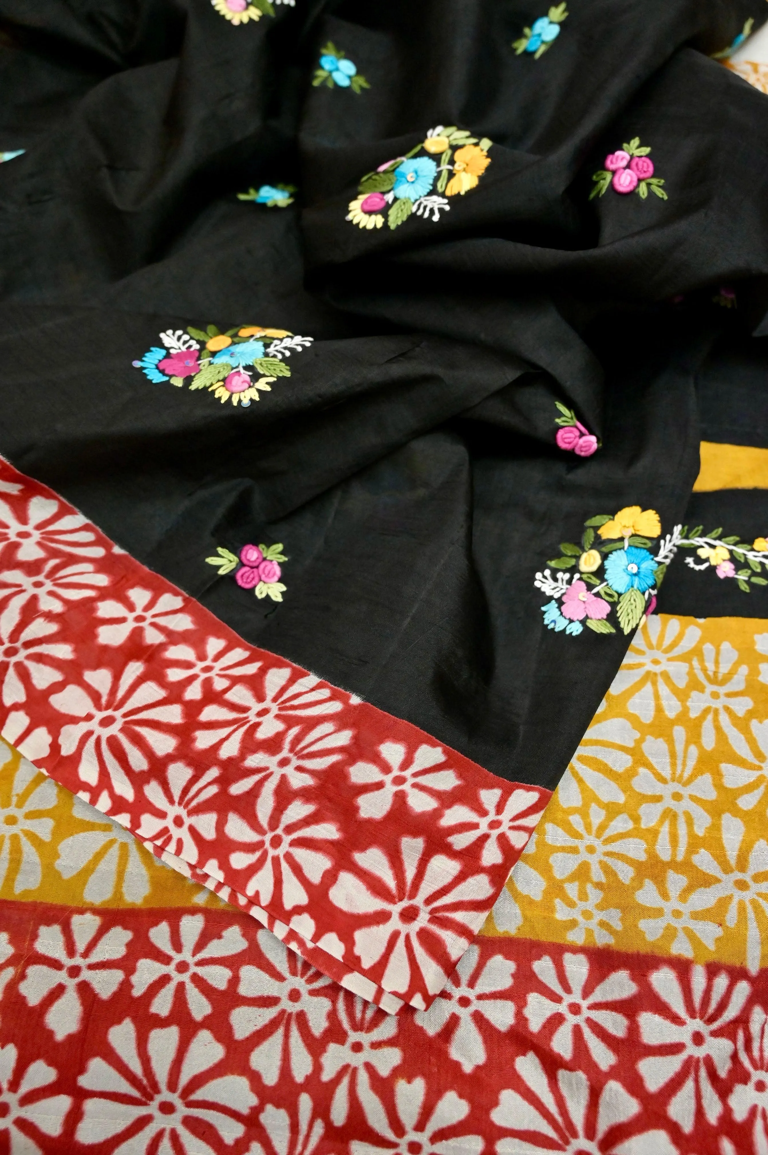 Black Color Pure Bishnupuri Silk with Hand Block Print and Hand Persian Bullion Embroidery Work