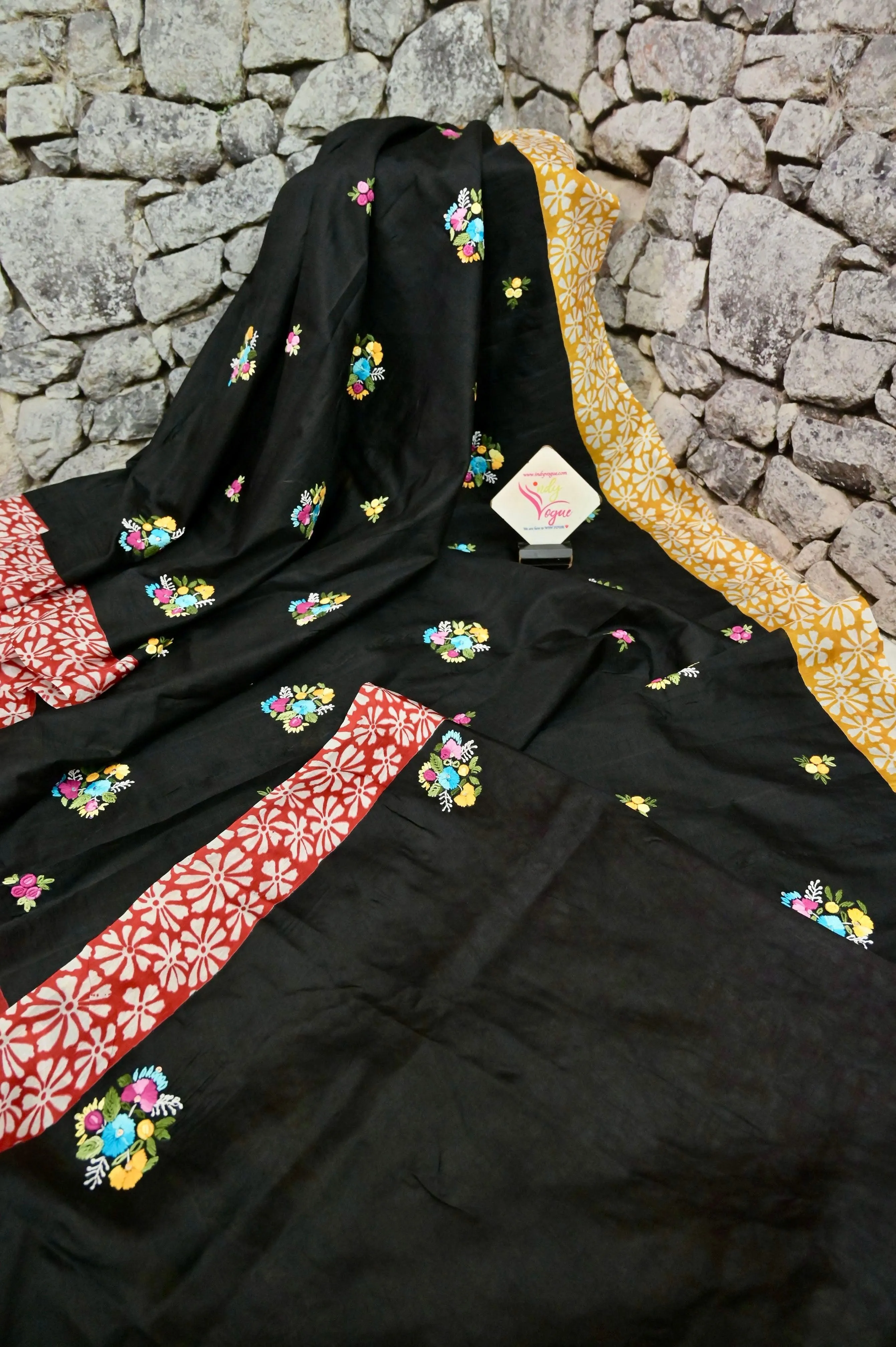 Black Color Pure Bishnupuri Silk with Hand Block Print and Hand Persian Bullion Embroidery Work