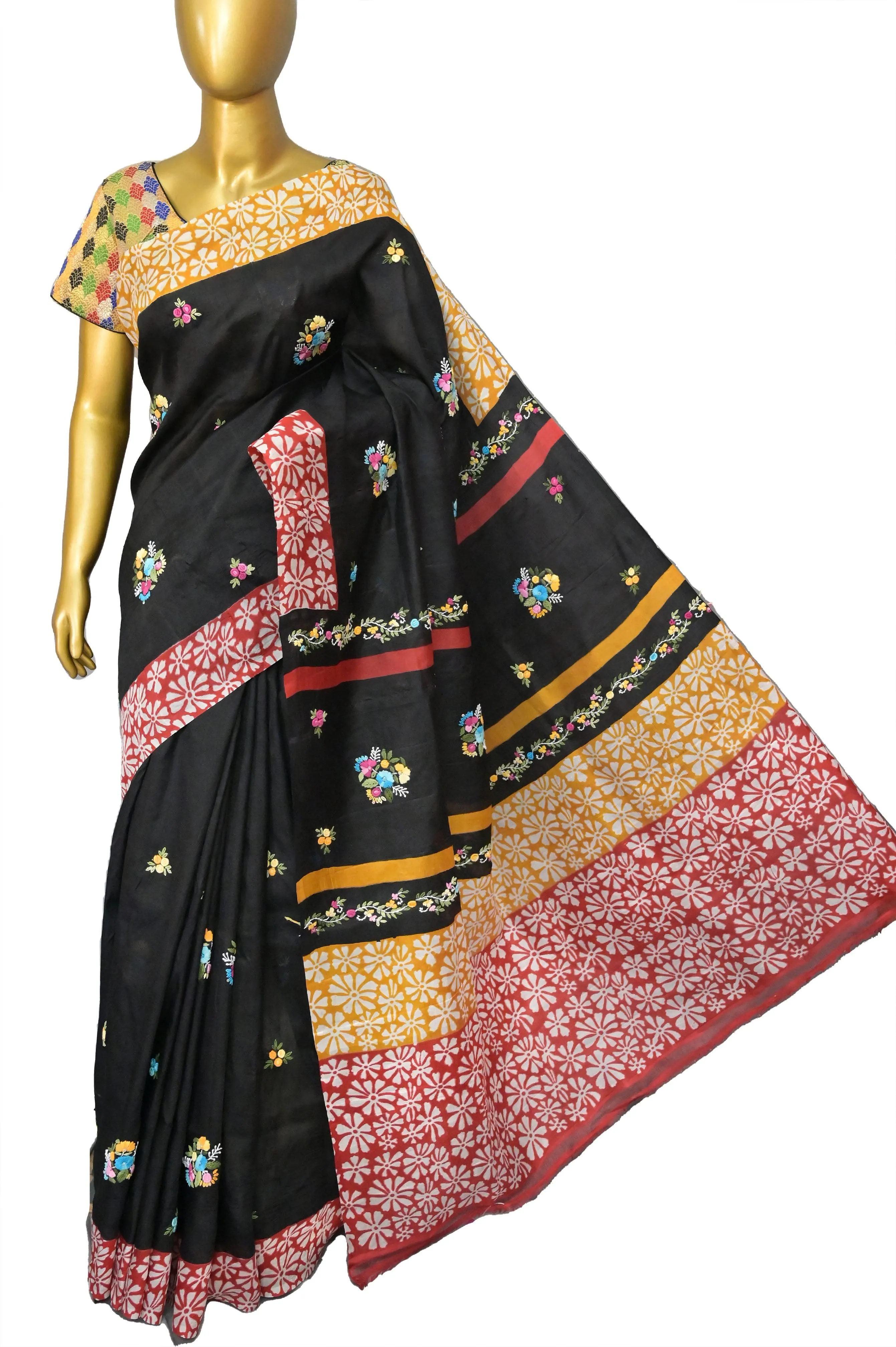 Black Color Pure Bishnupuri Silk with Hand Block Print and Hand Persian Bullion Embroidery Work