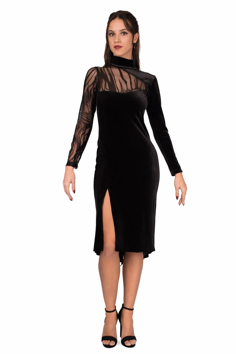 Black Velvet Turtle Neck Long-Sleeved Dress With Tulle Back