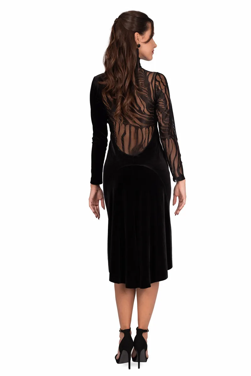 Black Velvet Turtle Neck Long-Sleeved Dress With Tulle Back