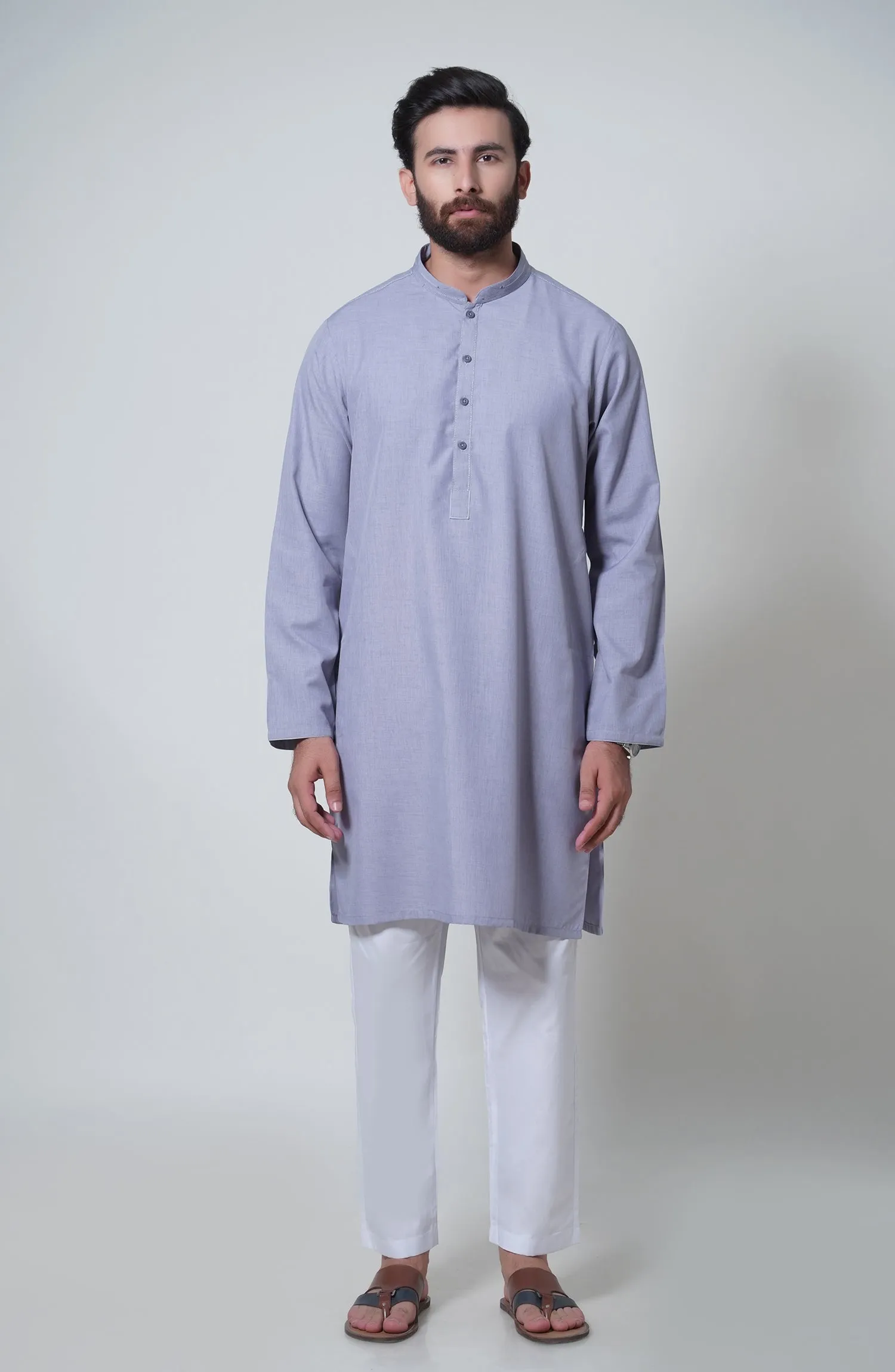 Blended Embroidered Kurta - Light Grey