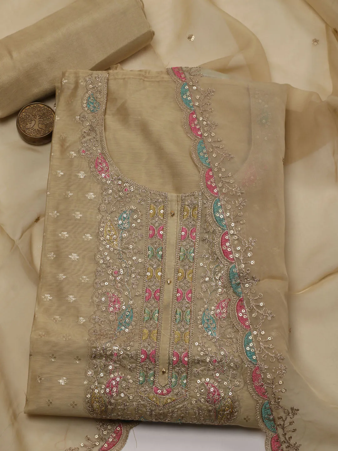 Booti Embroidered Organza Unstitched Suit Piece With Dupatta