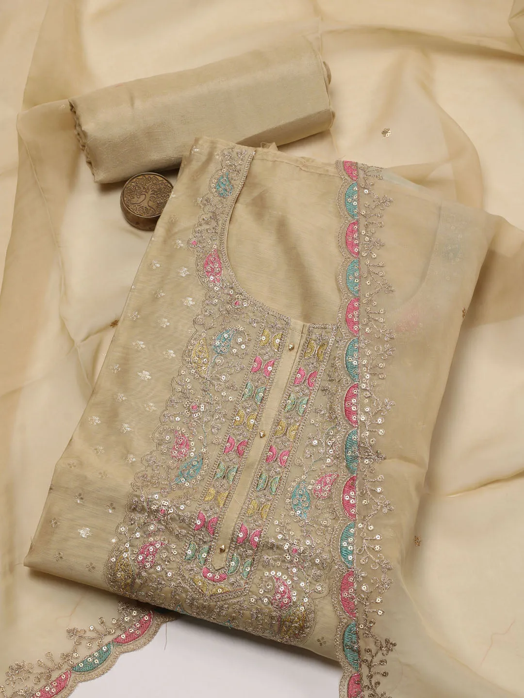 Booti Embroidered Organza Unstitched Suit Piece With Dupatta