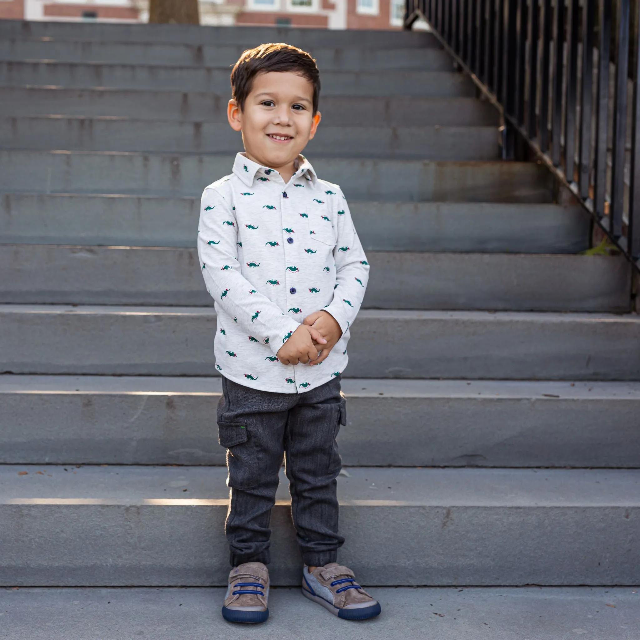 Boys Holiday Stegosaurus Pattern Button Down Shirt