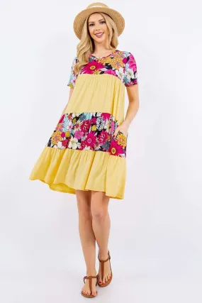 Celeste Full Size Color Block Floral Round Neck Short Sleeve Dress