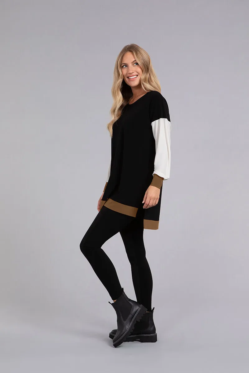 Colour Block Step Hem Tunic | Black/Ivory/Tobacco