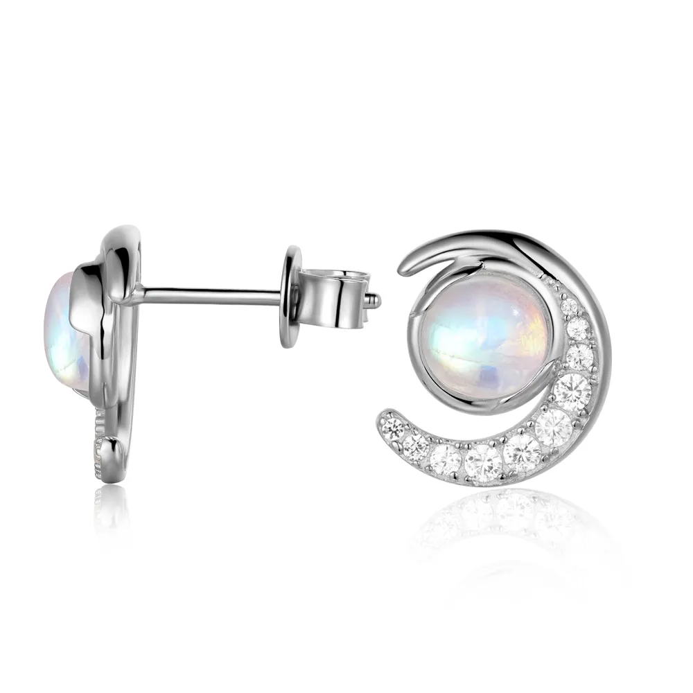 Crescent Moonstone Necklace And Earrings Set With White Sapphire