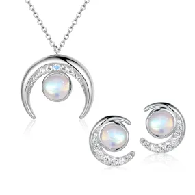 Crescent Moonstone Necklace And Earrings Set With White Sapphire