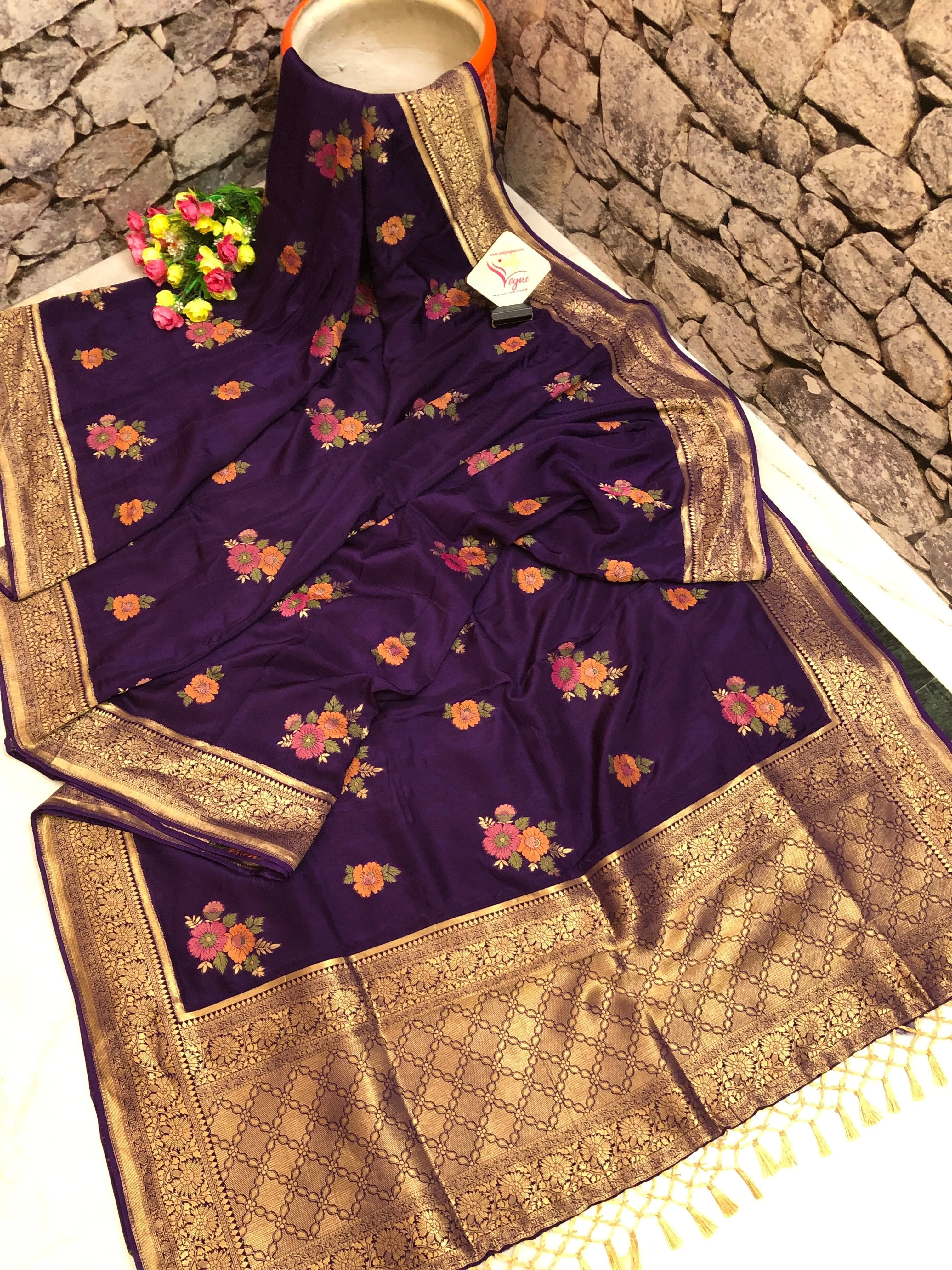 Dark Violet Color Muga Banarasi Saree with Meenakari Work