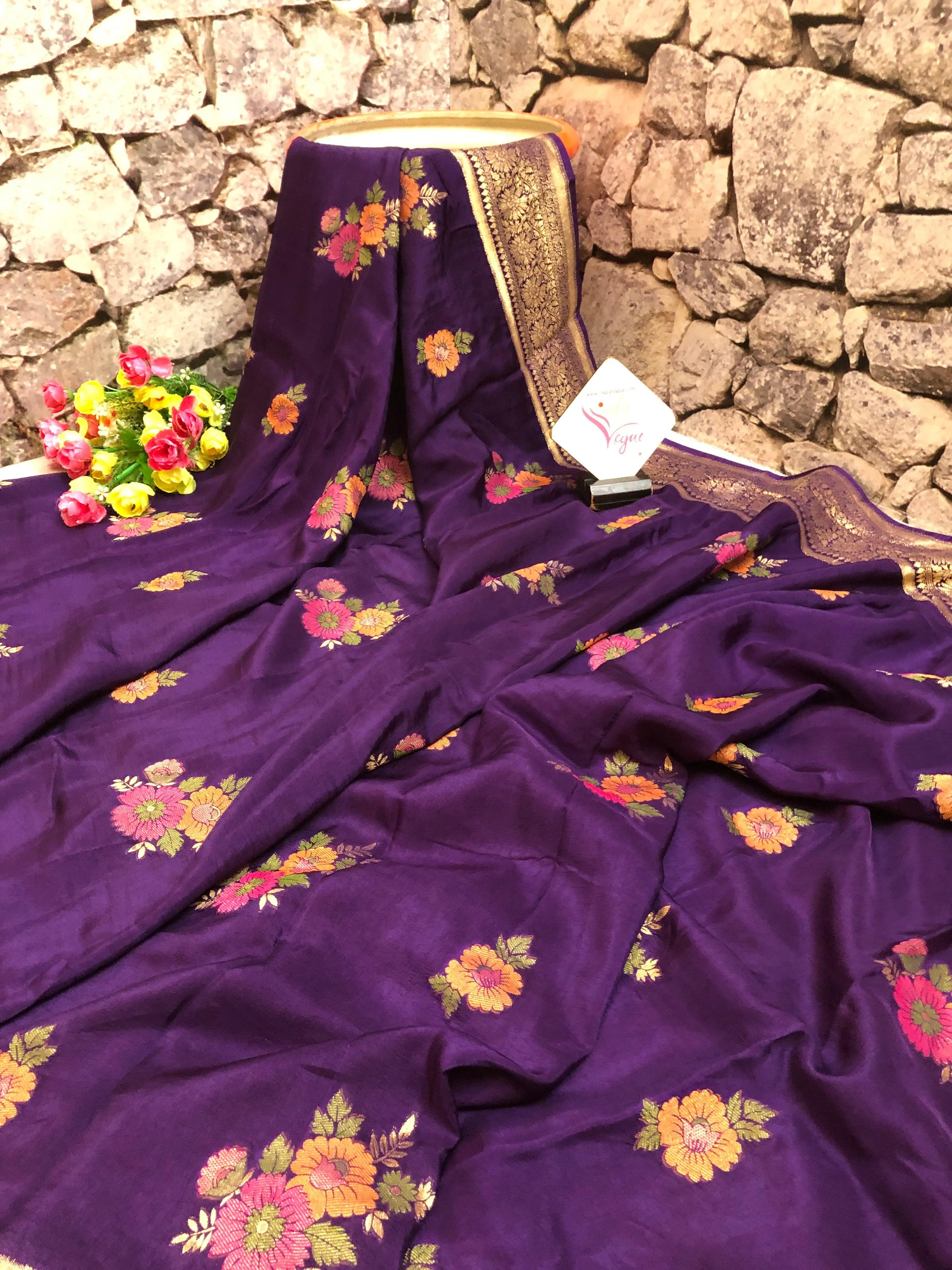 Dark Violet Color Muga Banarasi Saree with Meenakari Work